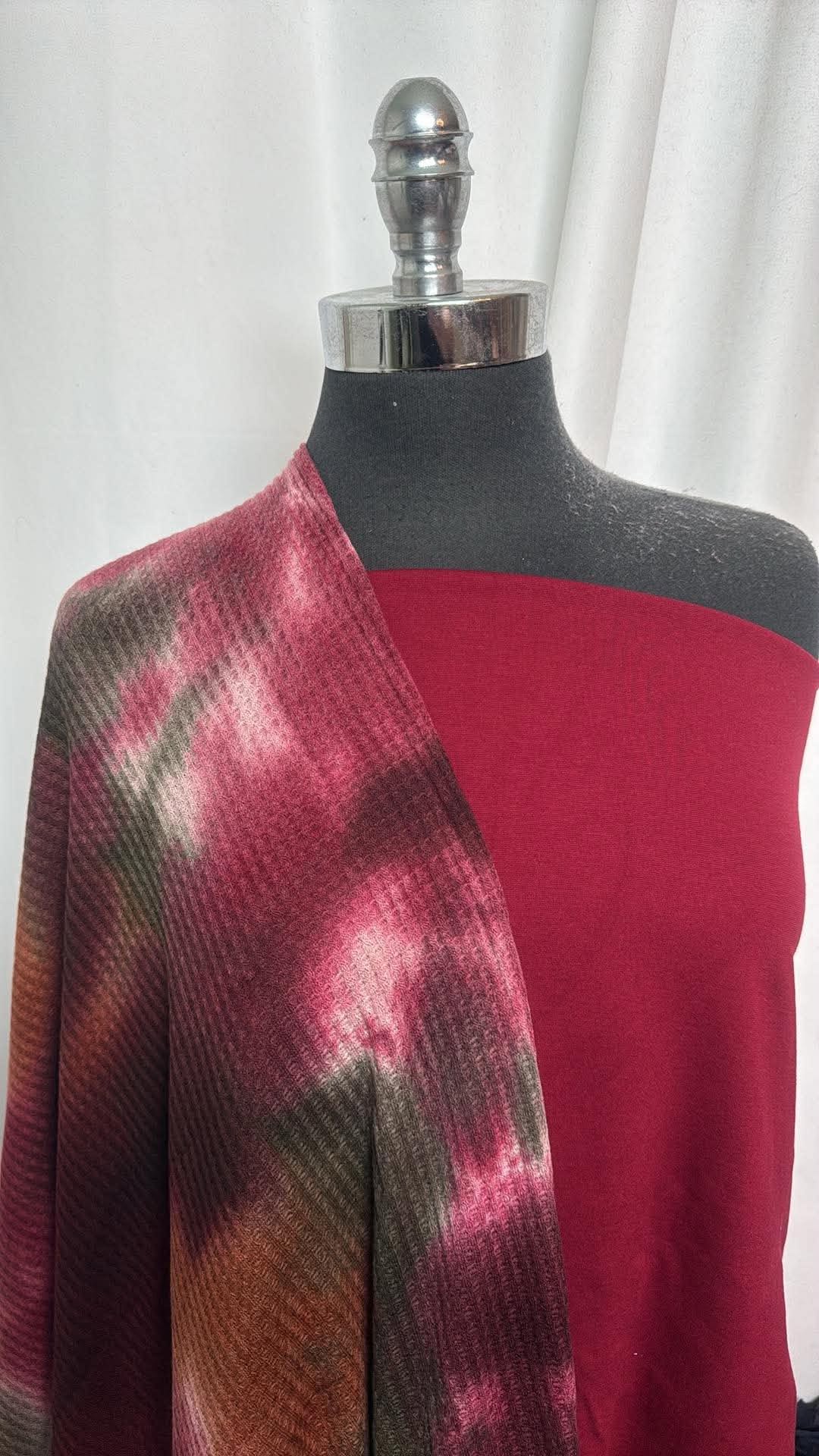 BURGUNDY/TIE DYE BUNDLE : 2.5YD Tie Dye Waffle & 2YD Burgundy Nylon Ponte : A30906