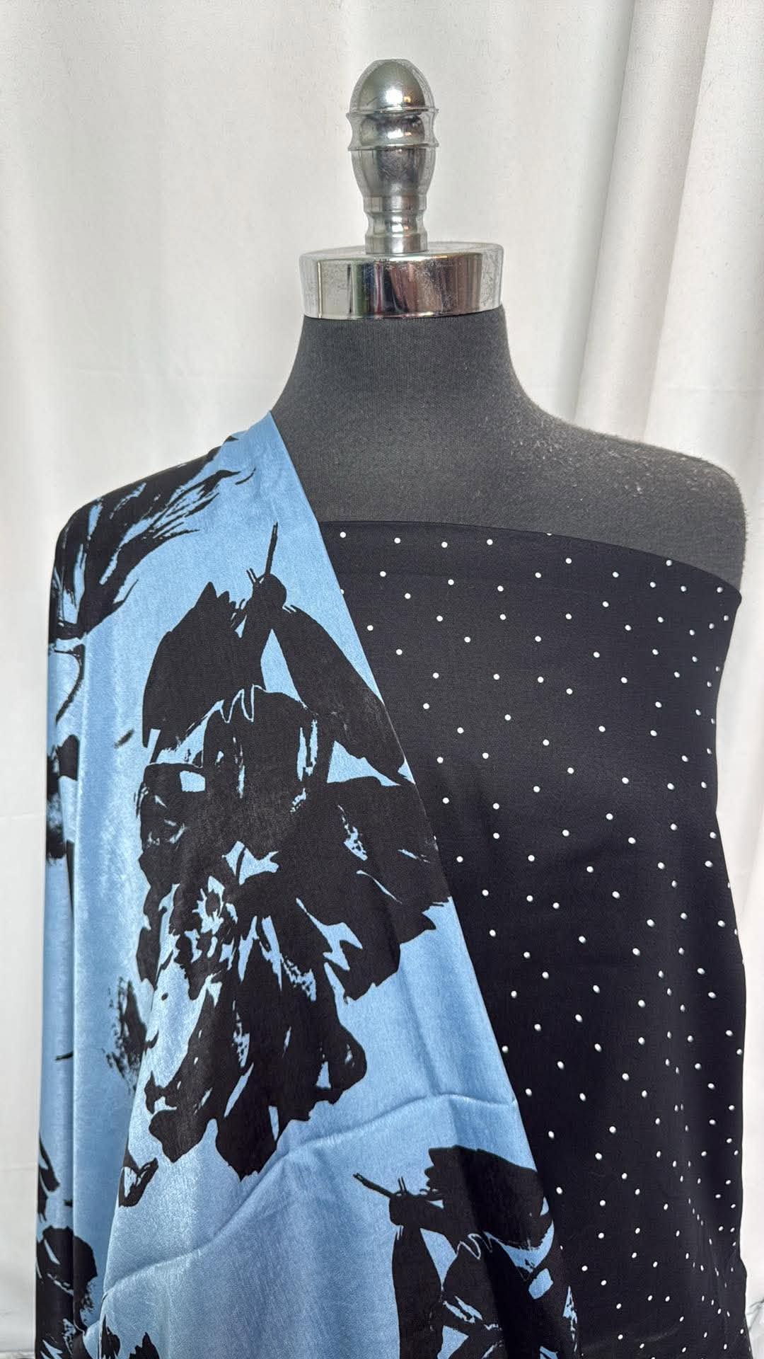 BLACK DOT/FLORAL SATIN BUNDLE : 2YD Black Dot Stretch Twill & 2YD Blue/Black Floral Poly/Rayon Satin Woven : A30720