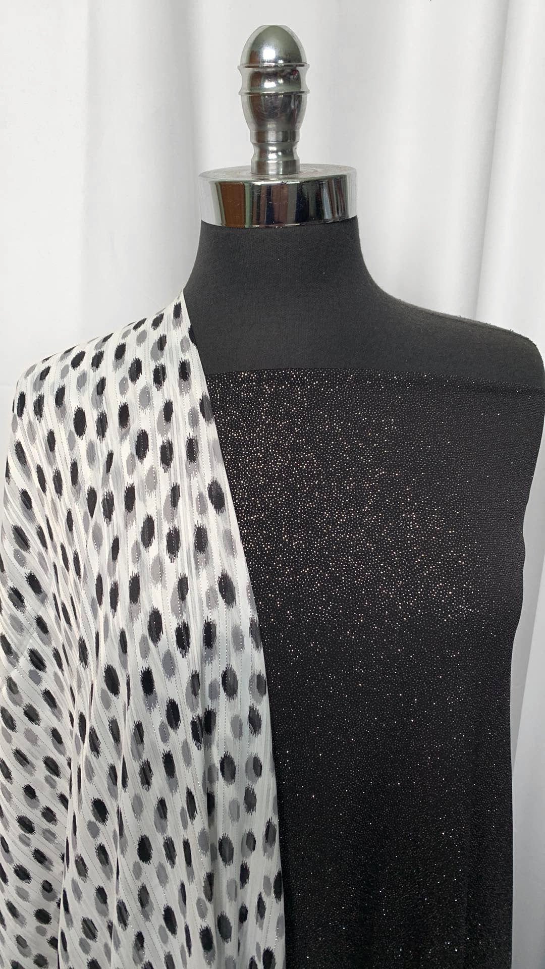 GLITTER DOT BUNDLE : 1+YD Black Glitter ITY & 4YD Stripe/Dot Satin/Lurex Chiffon : A0929