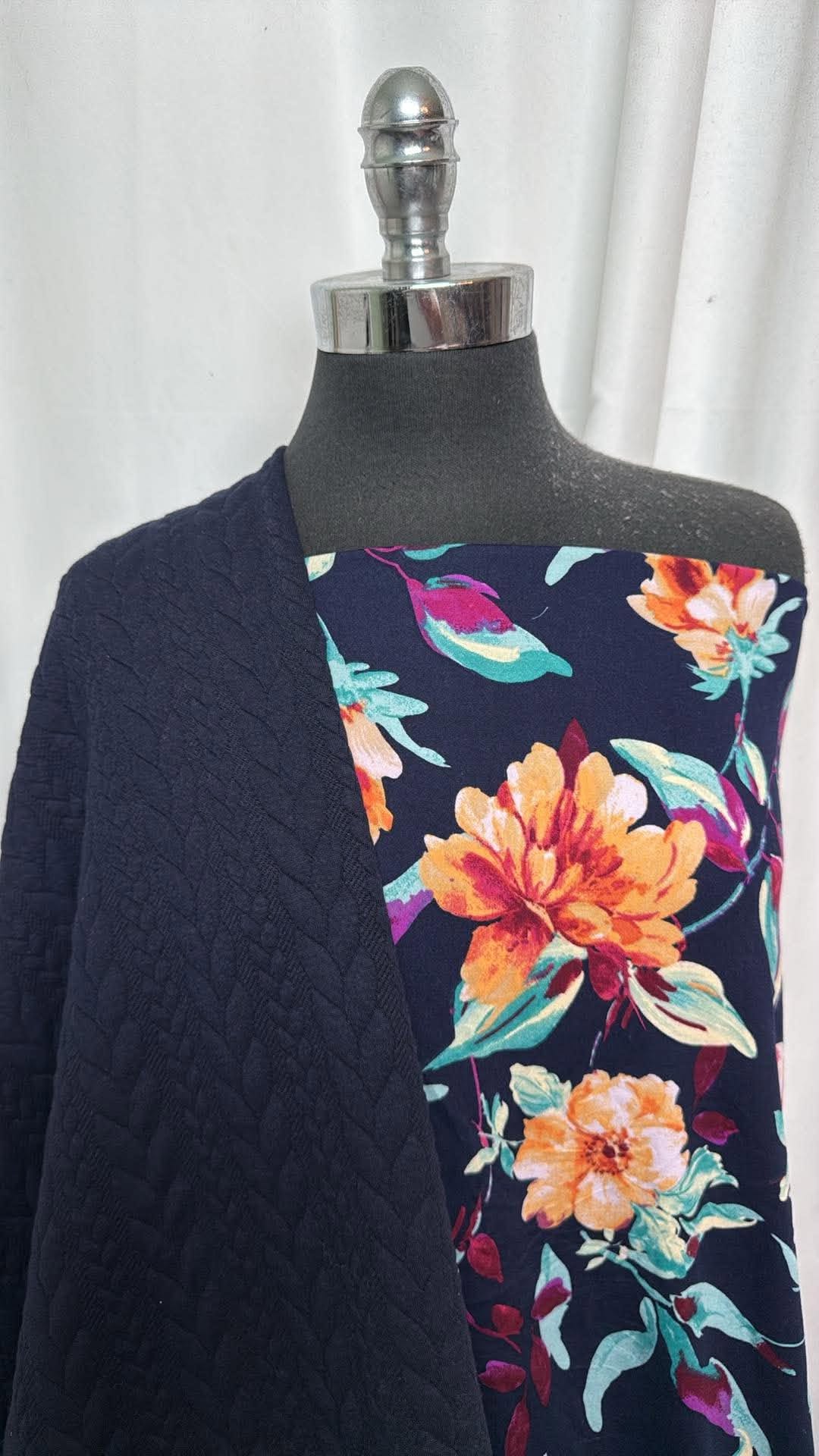 NAVY CABLE/FLORAL BUNDLE : 3YD Navy Cable Quilted & 1.5YD Navy Floral DBP : A31049