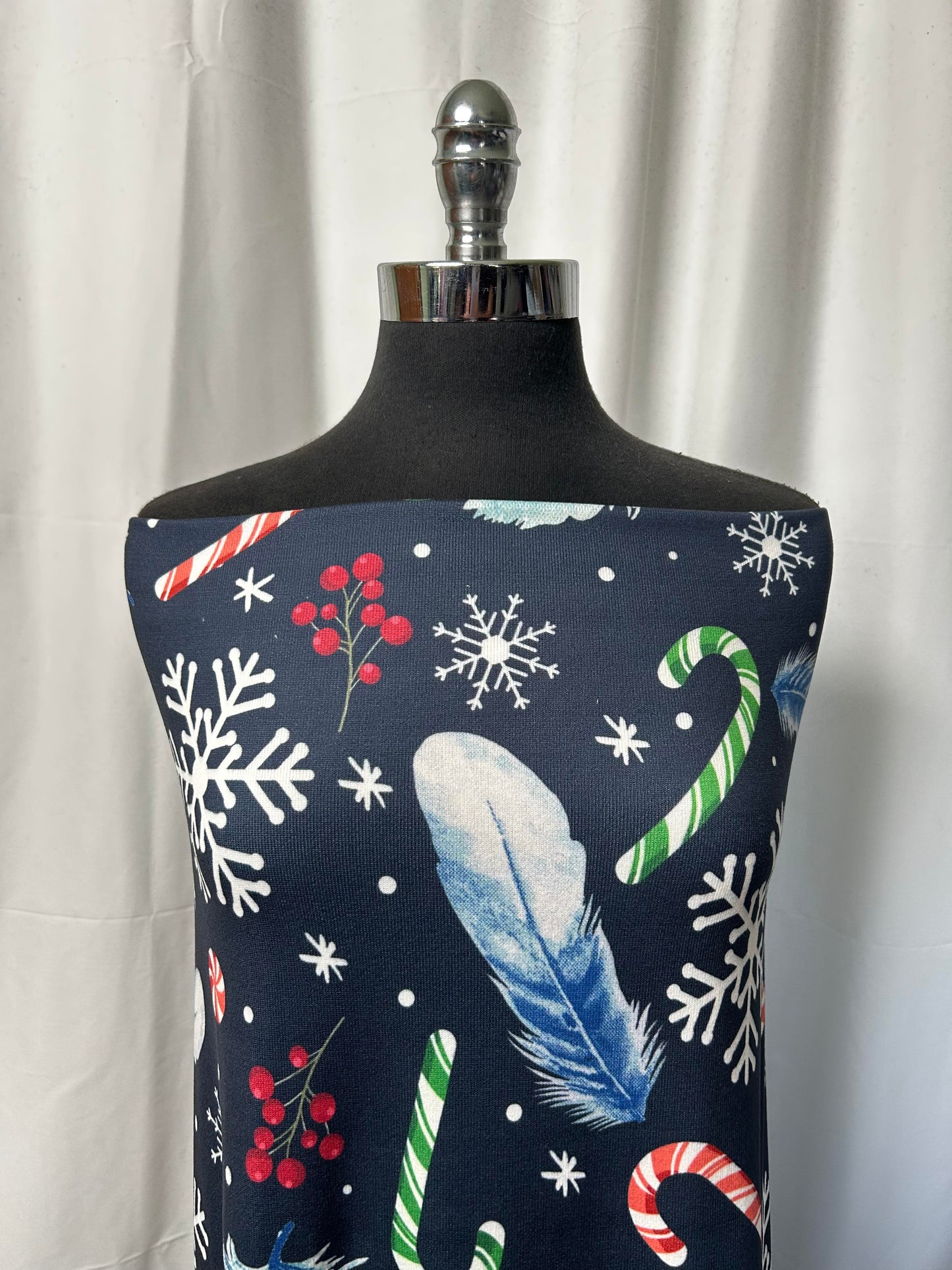 Candy Canes/Feathers on Navy - Double Brushed Polyester - By the Yard