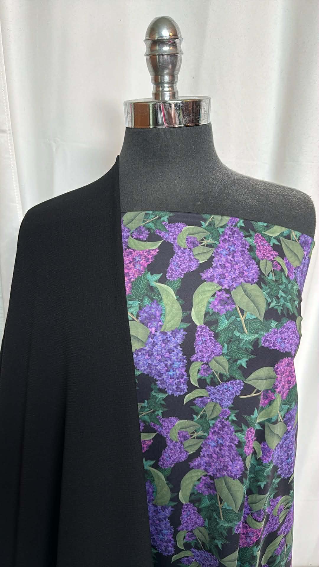 BLACK/LILAC FLOWER BUNDLE : 2YD Lilac Flower N/S Swim & 2YD Black Stretch Woven (46" Wide) : A29649