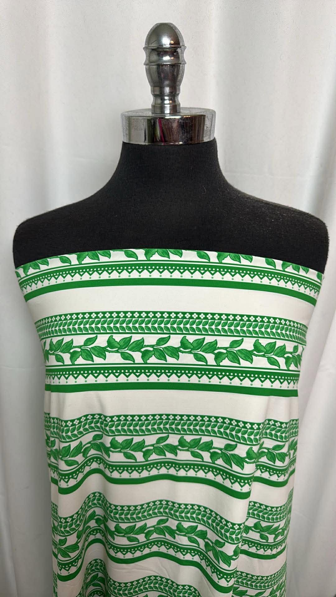 Green/Ivory Vines/Stripes - Designer Nylon/Spandex Swim - 2 Yard Cut