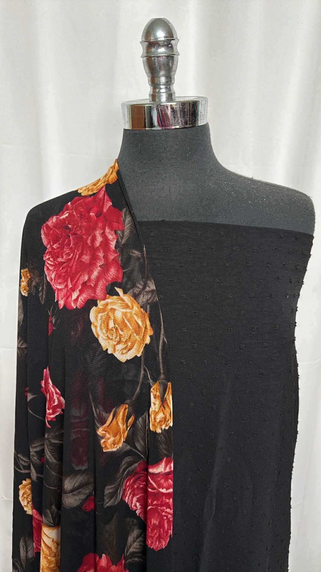 BLACK/FLORAL MESH BUNDLE : 2YD Floral Stretch Mesh & 2YD Black Swiss Dot Woven : A29309