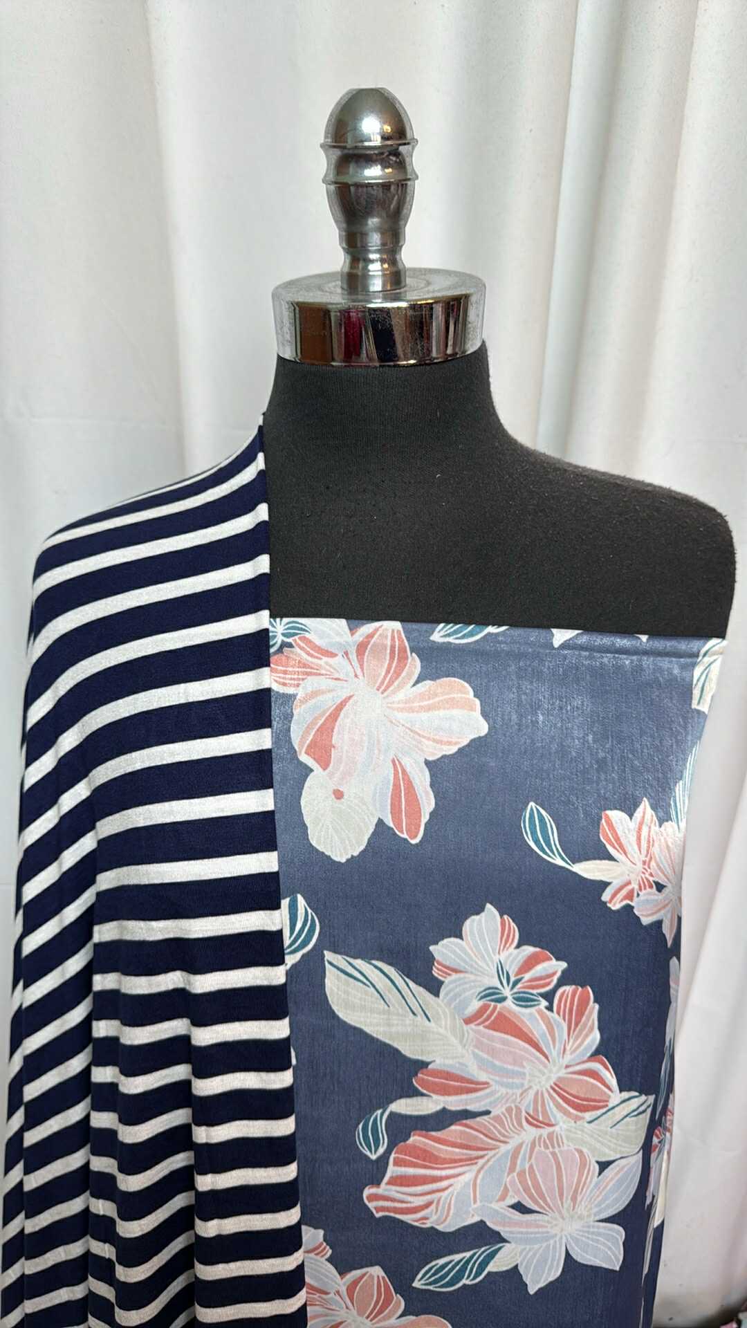 DENIM FLORAL/STRIPE BUNDLE : 2YD Denim Floral R/P Satin Woven & 2YD Navy Stripe Bamboo : A27711