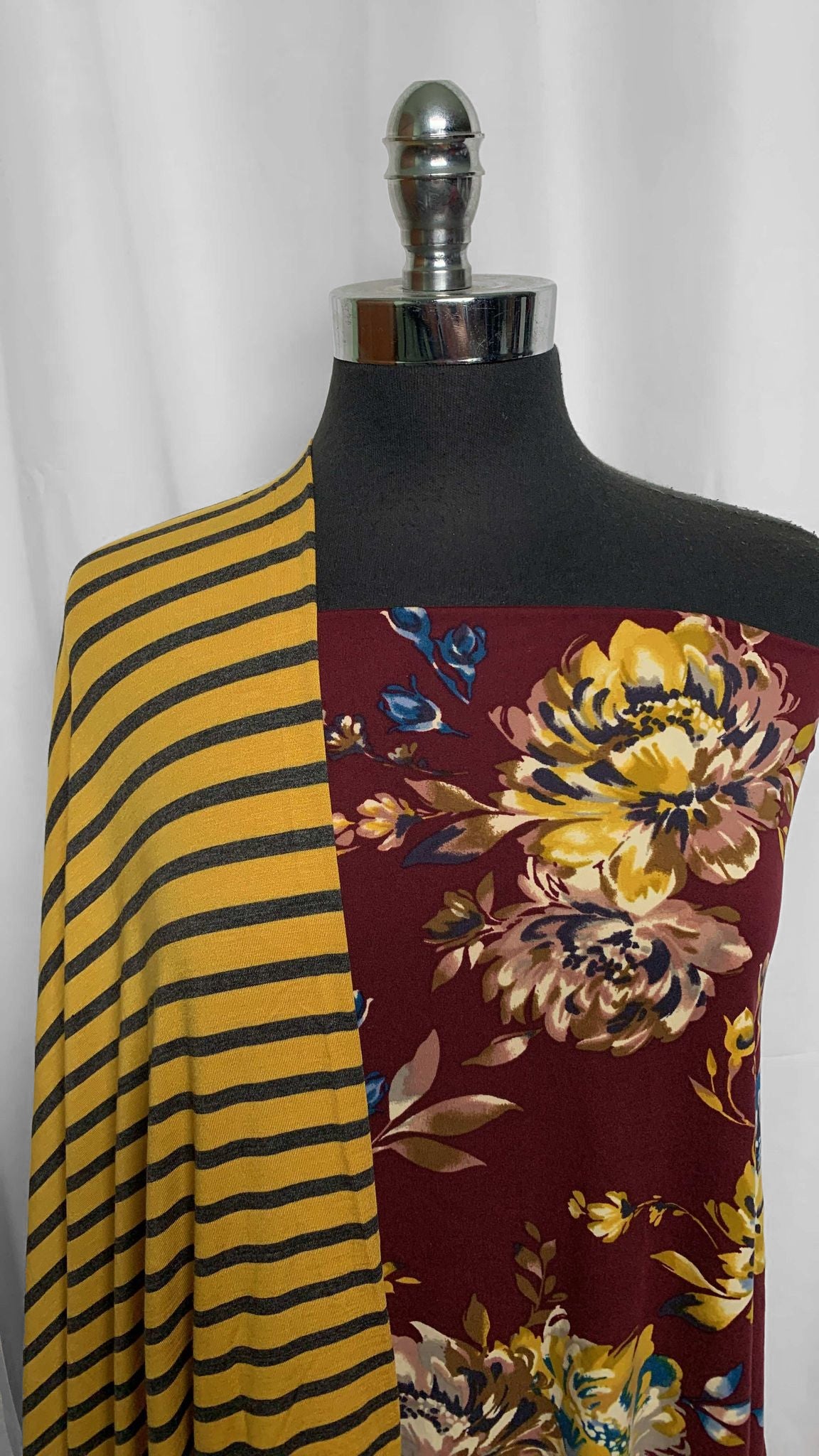 MUSTARD STRIPE/BURGUNDY FLORAL BUNDLE : 1.5YD Burgundy Floral DBP & 2YD Burgundy Stripe Bamboo : A25691