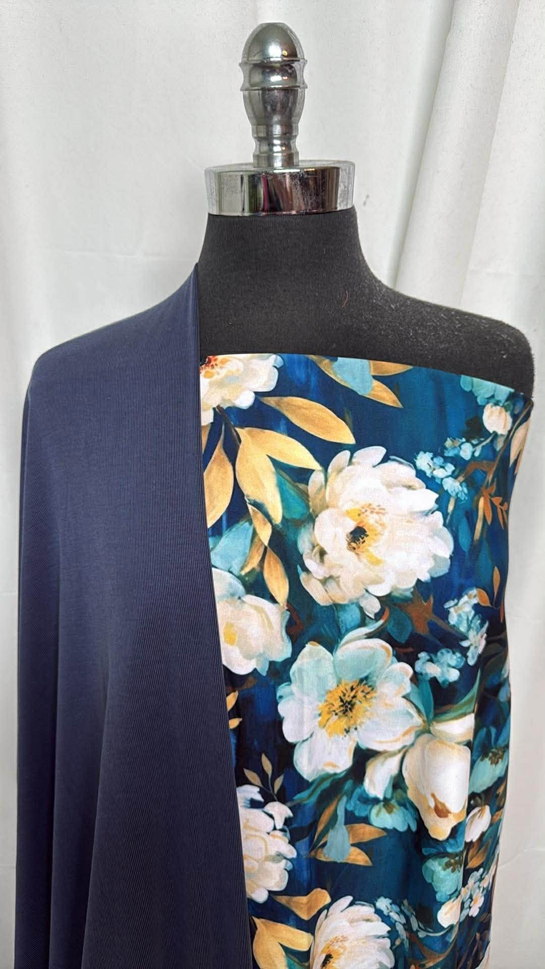 NAVY/NOCTURNAL BOUQUET BUNDLE : 2YD Navy Rib Cupro & 1.5YD Nocturnal Bouquet Single-Brushed PF : A30415