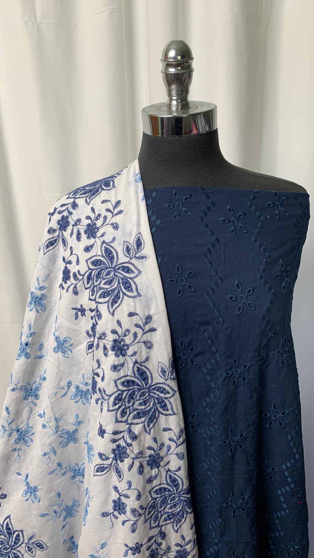 NAVY/WHITE EYELET BUNDLE : 4YD Navy Eyelet Cotton Lawn & 4YD White Floral Eyelet Cotton Lawn : A1464