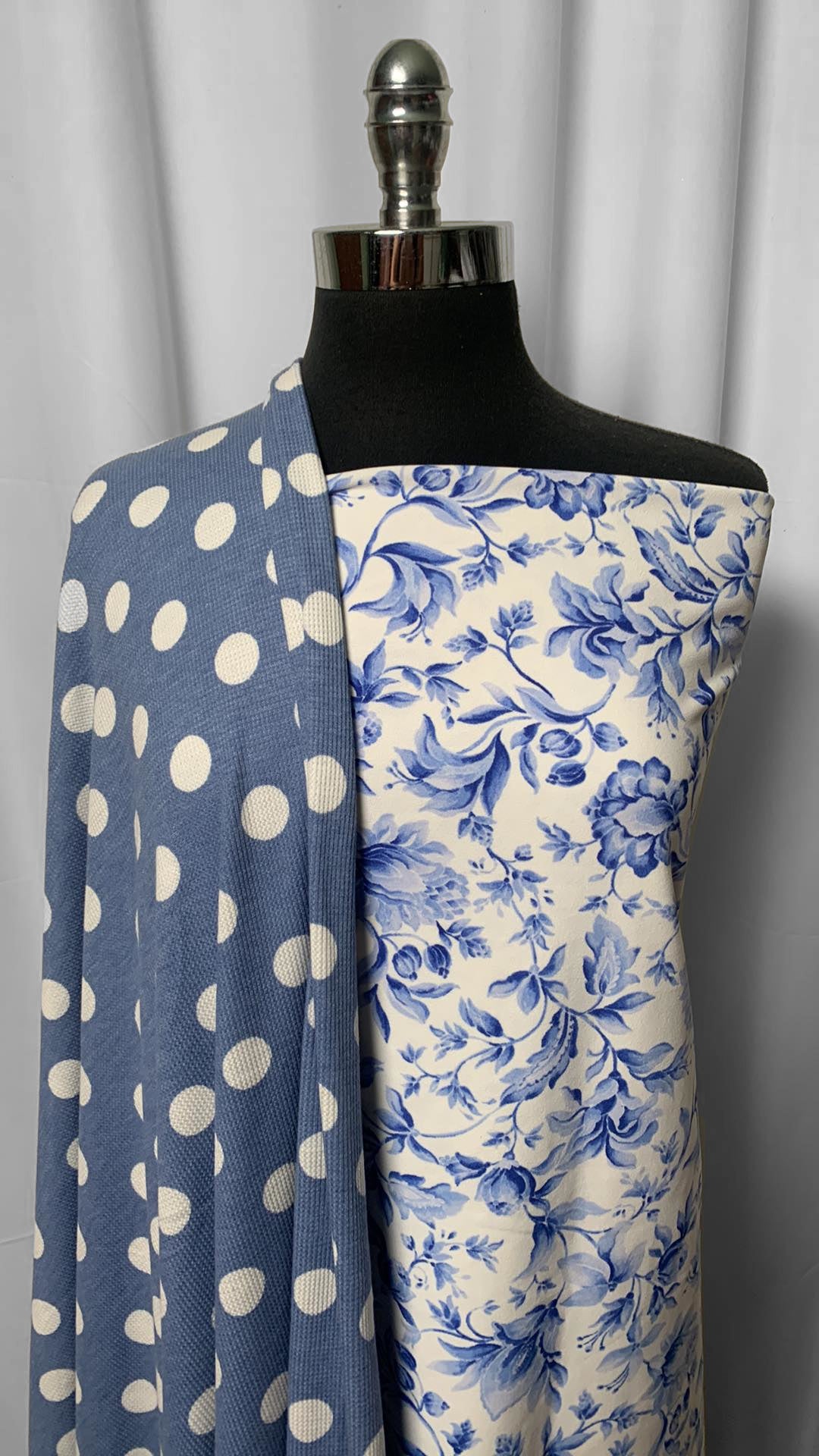 BLUE FLORAL/DOT BUNDLE : 1YD Ivory/Blue Floral Crepe Scuba & 2YD Denim Dot Thermal : A2420
