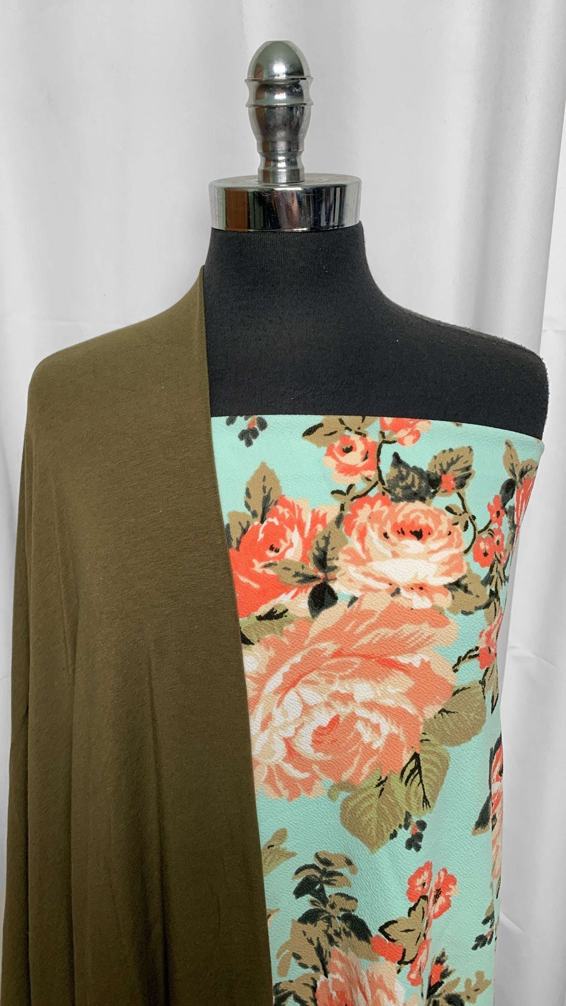 OLIVE/FLORAL BUNDLE : 1+YD Mint/Coral Floral Liverpool & 1+YD Olive Bamboo/Cotton/Spandex : A25776