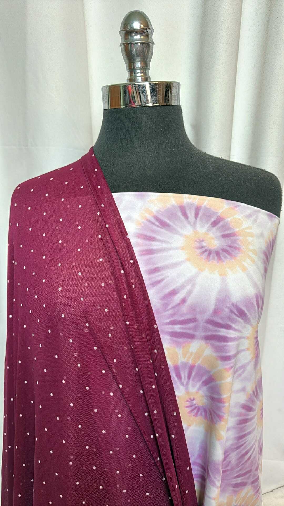 TIE DYE/DOTS BUNDLE : 2YD Burgundy Dot Mesh & 2YD Tie Dye N/S : A28838