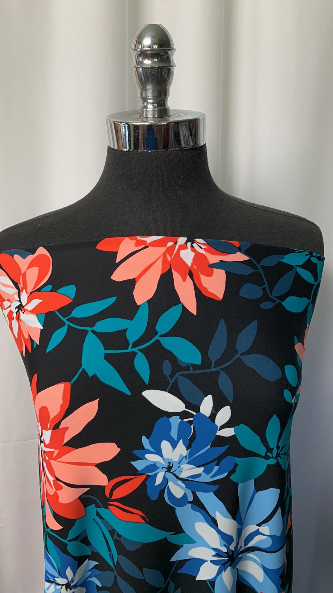Blue/Orange Floral on Black - Nylon Spandex - 2 Yard Cut