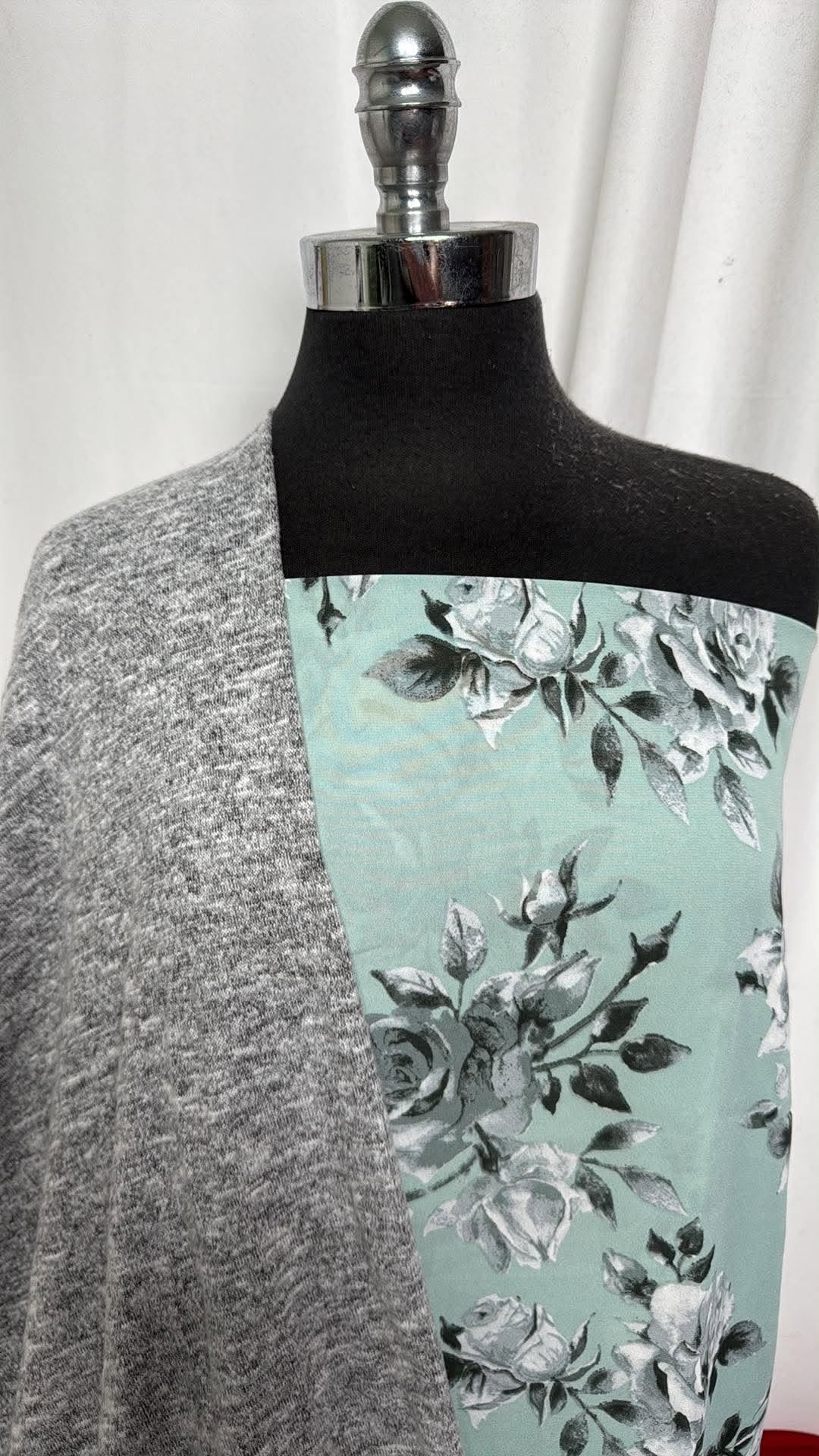 HEATHER GREY/MINT FLORAL BUNDLE : 1.5YD Mint/Grey Floral Poly Woven & 2YD Heather Grey Brushed Hacci SK : A30944