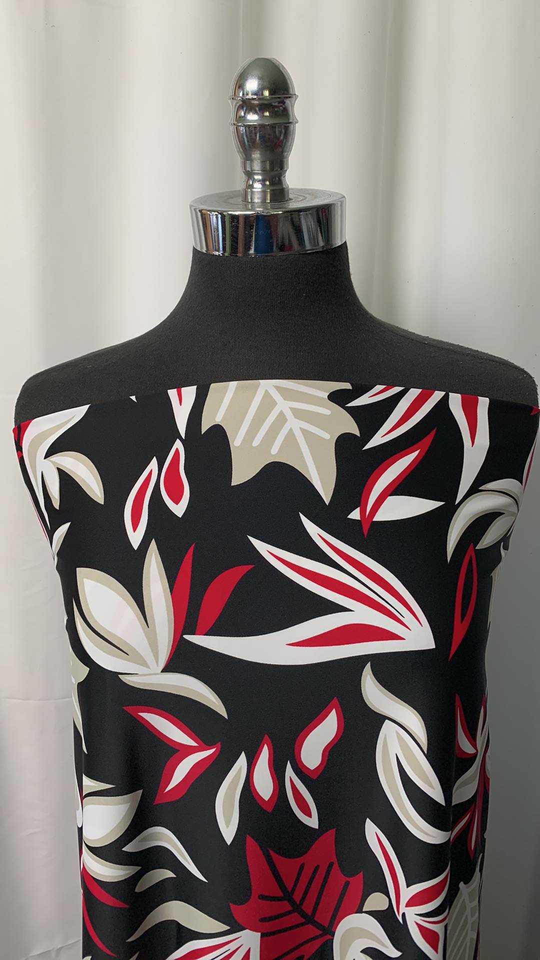 Red/Ivory Leaves on Black - Nylon Spandex - 2 Yard Cut