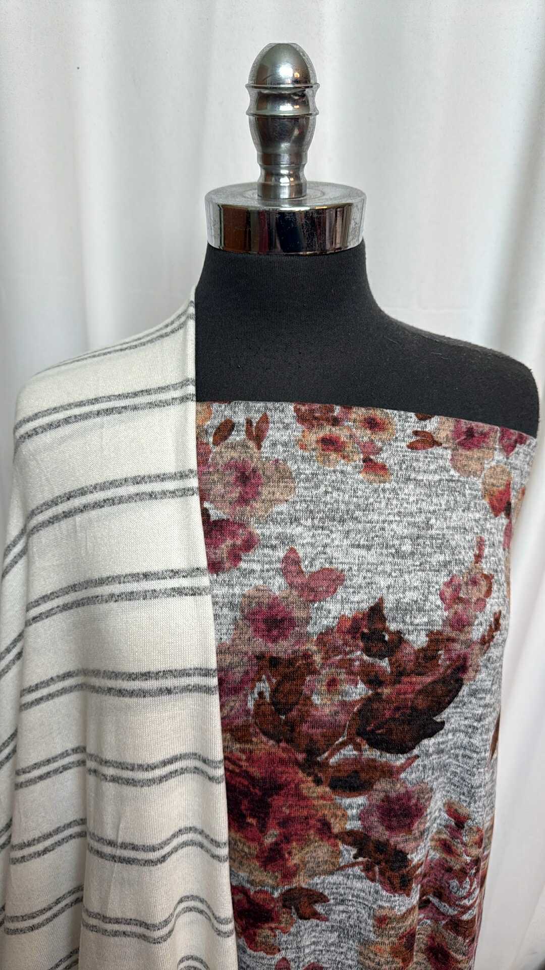 GREY FLORAL/STRIPE BUNDLE : 2YD Grey Floral Brushed Hacci SK & 2YD Ivory/Grey Stripe Brushed Hacci SK : A28111
