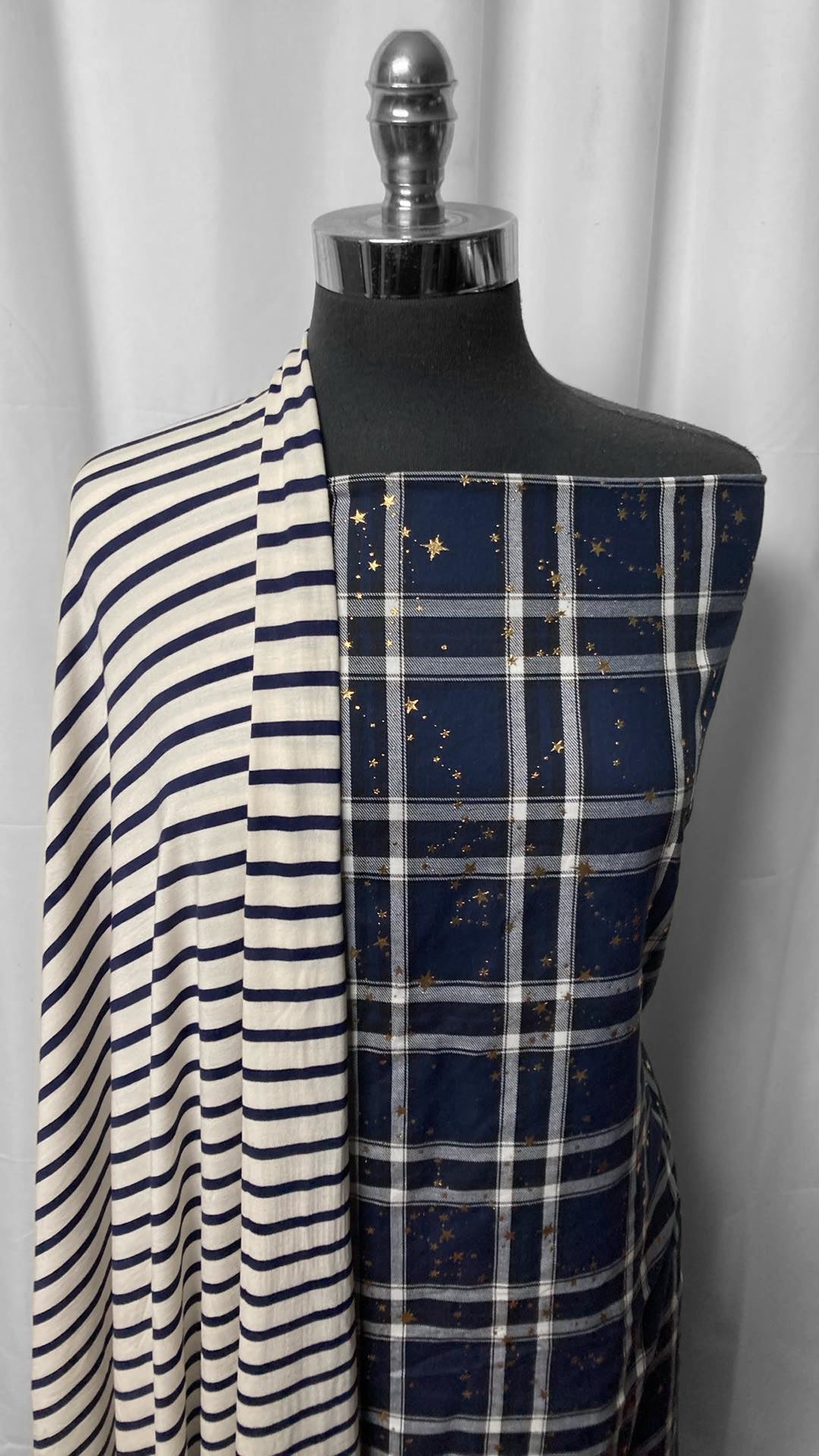 PLAID/STRIPE BUNDLE : 2YD Plaid w/Foil Stars Rayon Woven & 2YD Stripe Bamboo : A25135
