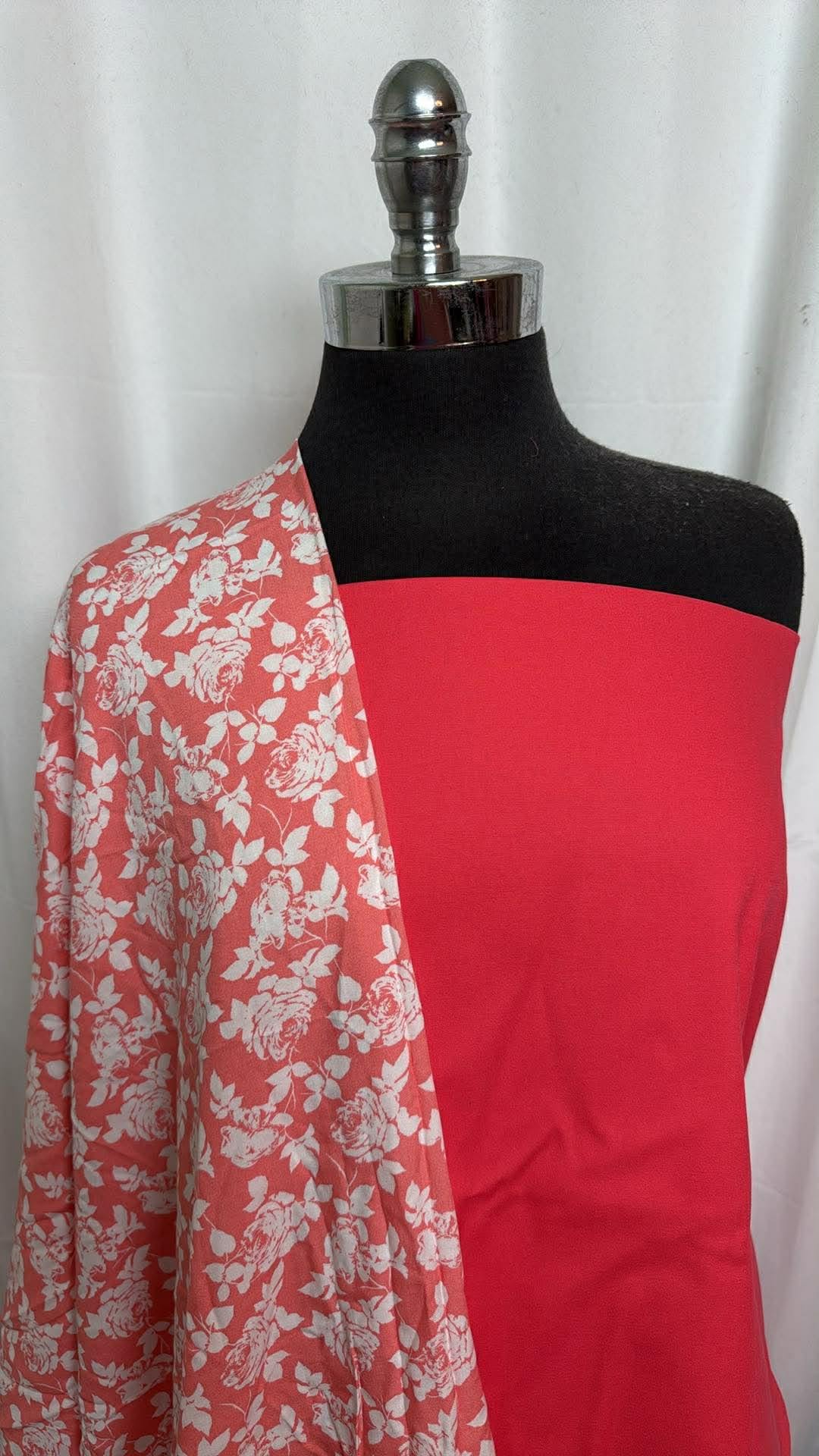 CORAL/FLORAL BUNDLE : 2YD Coral Stretch Twill & 2YD Floral Rayon Challis : A30204