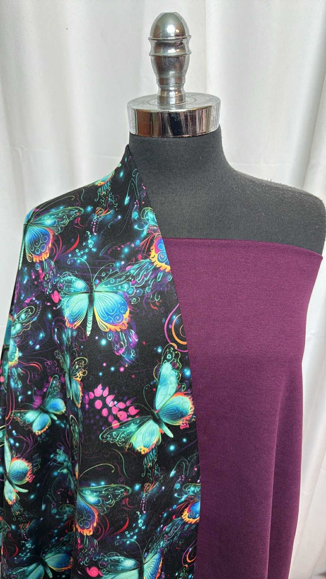 BLACKBERRY/NEON GLOW BUTTERFLY BUNDLE : 2YD Neon Glow Butterfly Poly Fleece & 1+YD Blackberry Heather Peached PF : A28083