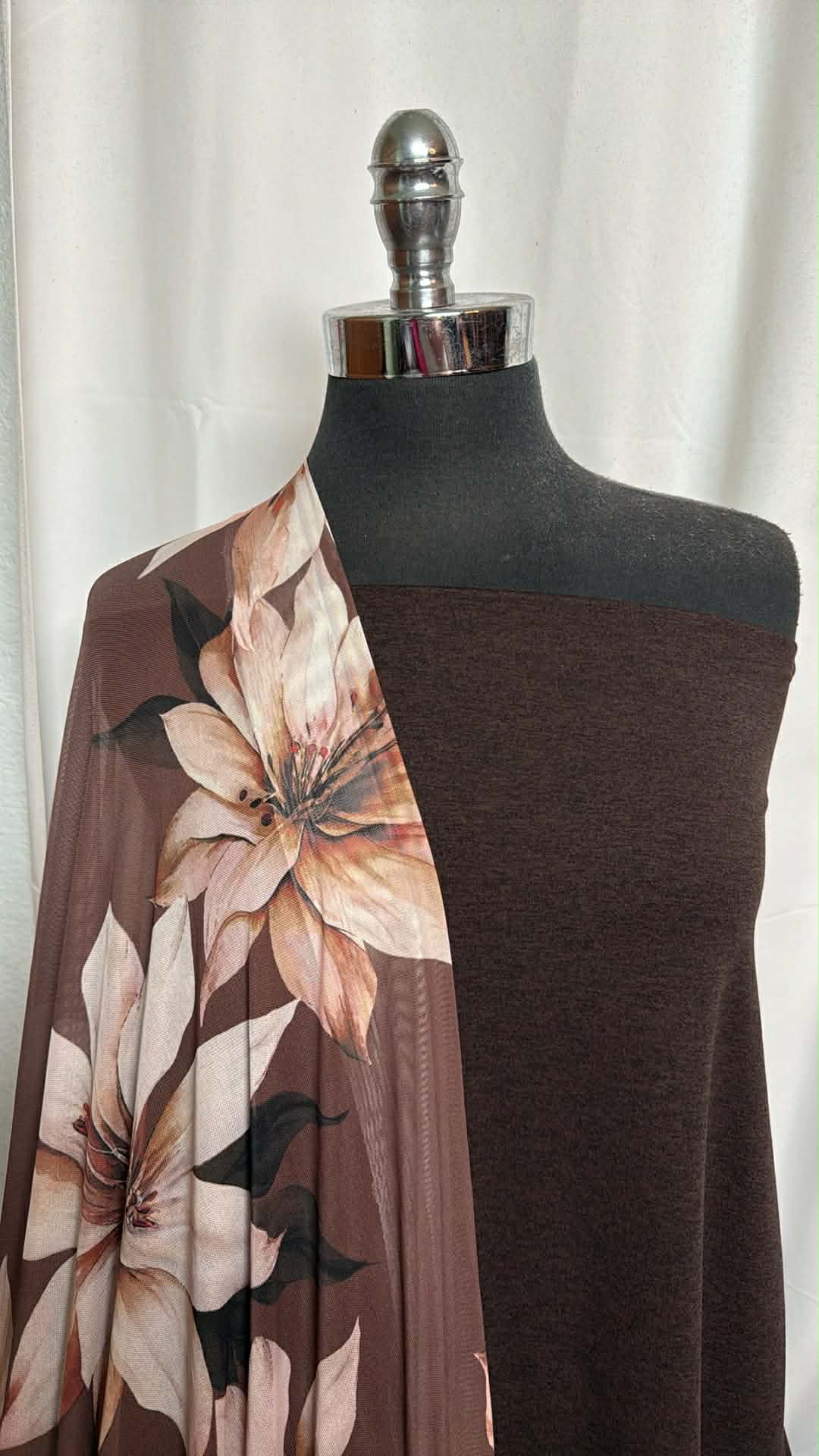 COCOA/FLORAL MESH BUNDLE : 2YD Cocoa/Black Mid-Weight Peached PF & 2.5YD Floral Stretch Mesh : A29745