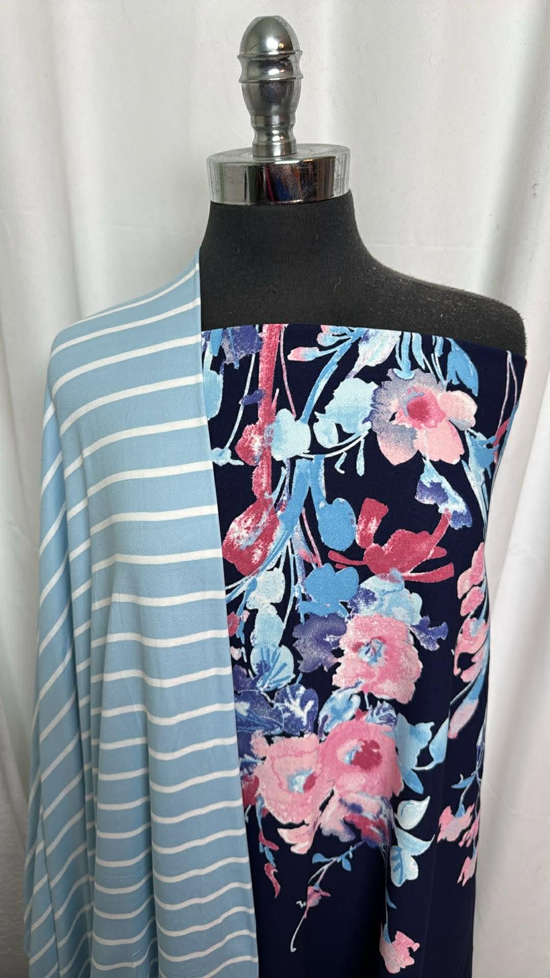 BABY BLUE STRIPE/FLORAL BUNDLE : 1+YD Floral Double-Border Crepe Scuba & 2YD Baby Blue Stripe DBP : A30296