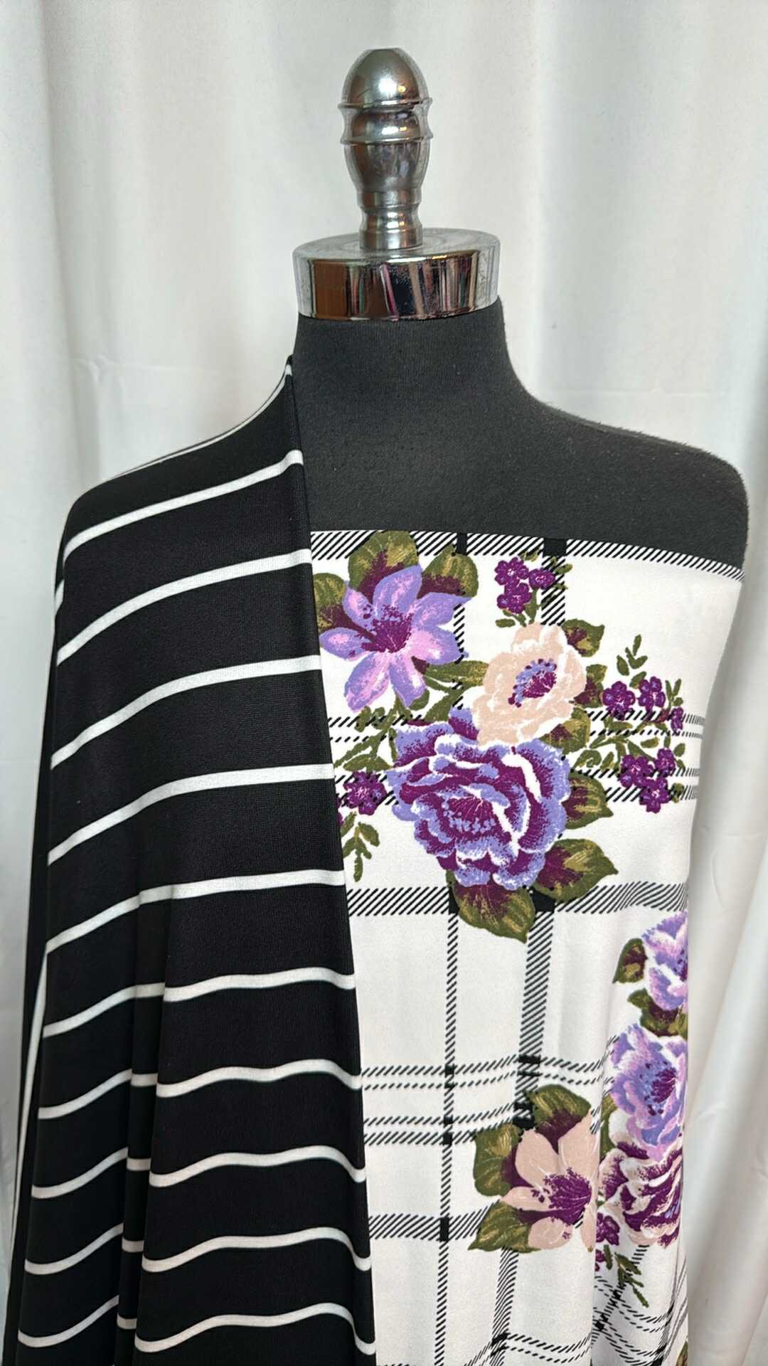 FLORAL PLAID/BLACK STRIPE BUNDLE : 2YD Floral Plaid Crepe Scuba & 2YD Black Stripe Oakley SK : A28586