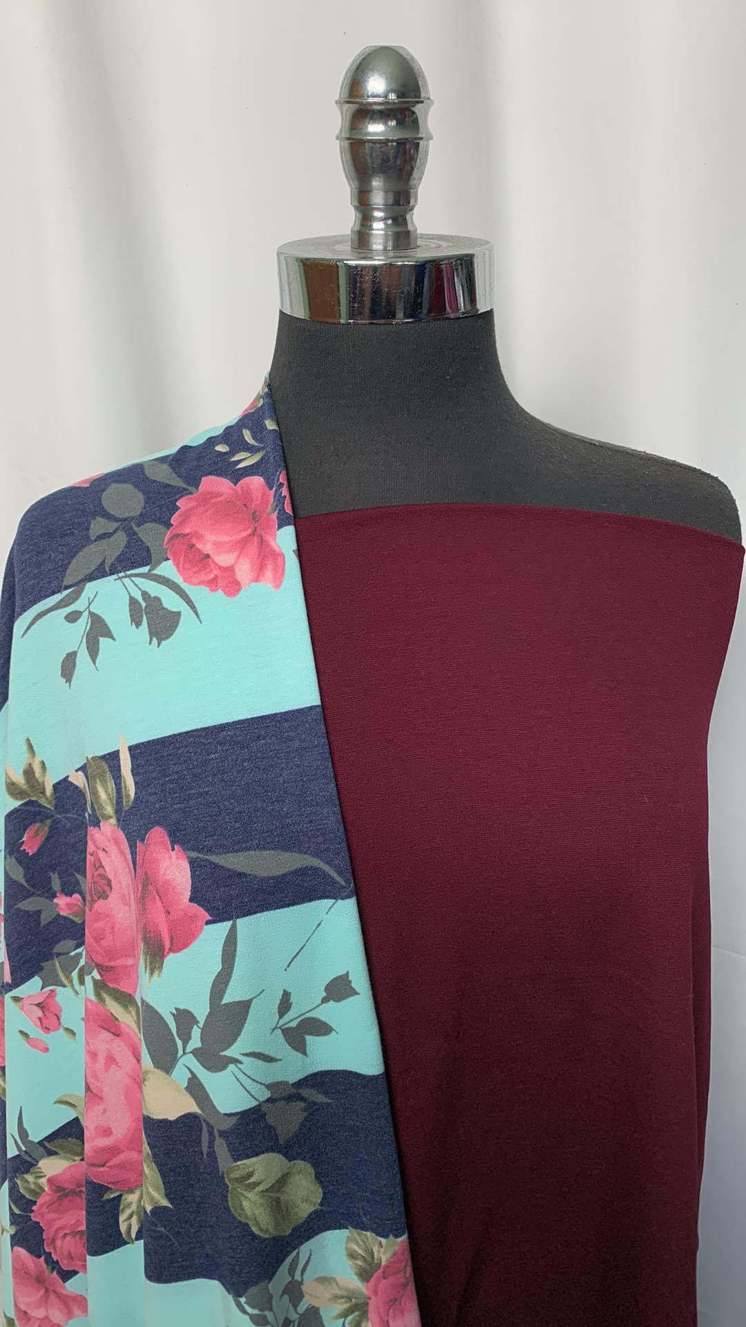 BURGUNDY/STRIPED FLORAL BUNDLE : 2YD Burgundy Nylon Ponte & 2YD Wide Stripe/Floral PRS FT : A1981