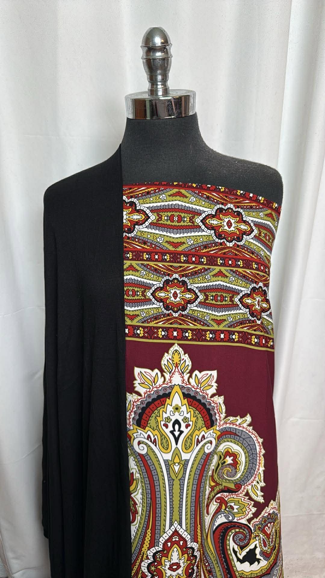 BLACK/BURGUNDY BORDER BUNDLE : 2YD Burgundy Double-Border PWD (100% Poly) & 2YD Black Rayon/Spandex : A30134