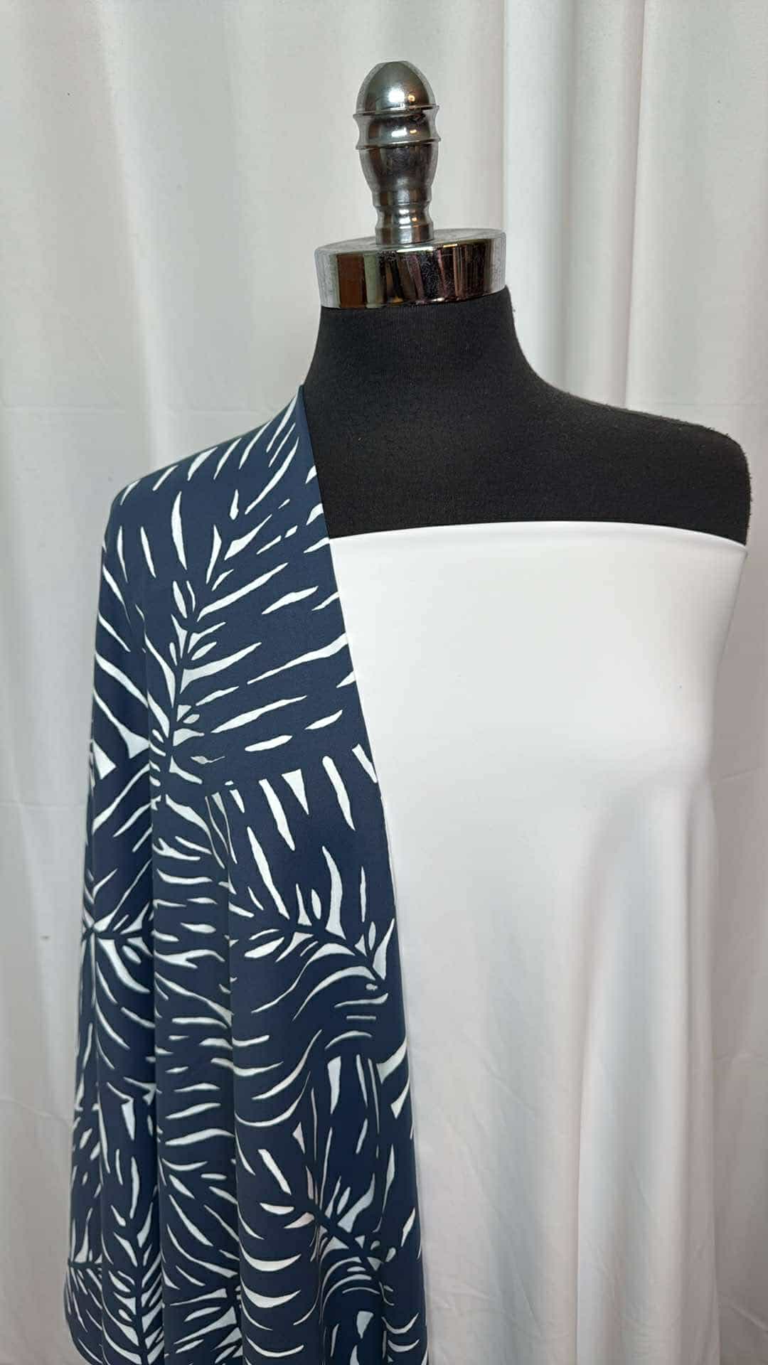 WHITE/NAVY LEAVES BUNDLE : 2YD White Yoga PF & 1.5YD Navy Leaves Supplex : A26979