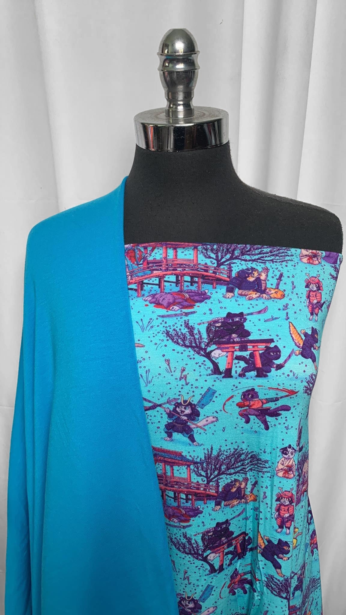 BLUE/SAMURAI CATS BUNDLE : 1.5YD Samurai Cats Modal/Spandex & 1YD Aqua Brushed Modal FT : A25543