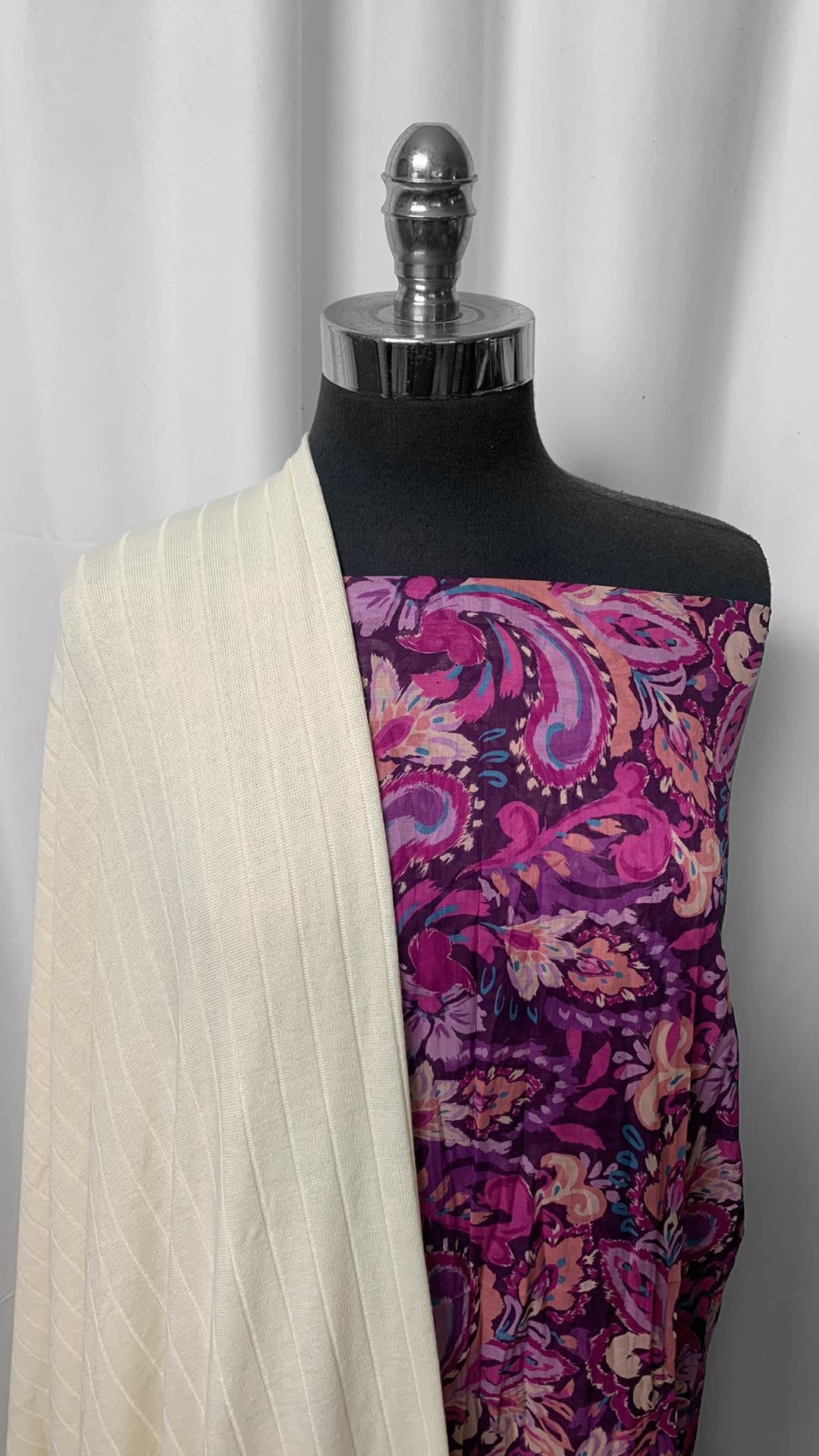 IVORY/PURPLE PAISLEY BUNDLE : 2YD Paisley Silk/Cotton Woven & 2YD Ivory Rib SK : A2288