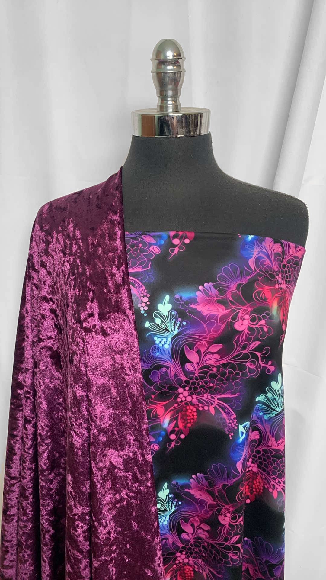 PURPLE VELVET/NEON LACE BUNDLE : 2YD Neon Lace Peached PF & 2YD Purple Crushed Stretch Velvet : A25976