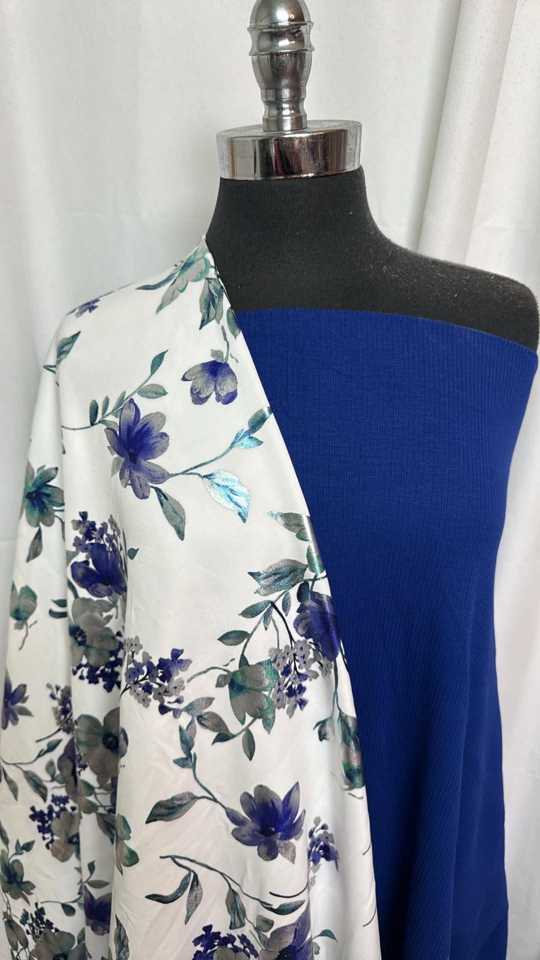 BLUE/FOIL FLORAL BUNDLE : 2YD Blue Heavy C/S Rib & 1.5YD Scuba w/Foil Flowers : A30657