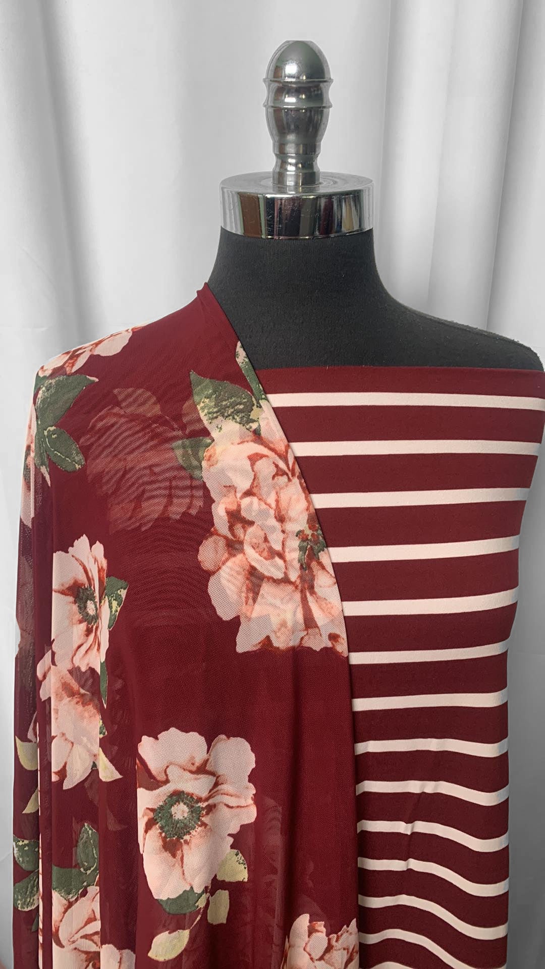 BURGUNDY FLORAL/STRIPE BUNDLE : 2YD Burgundy Stripe DBP & 2YD Floral Stretch Mesh : A24962