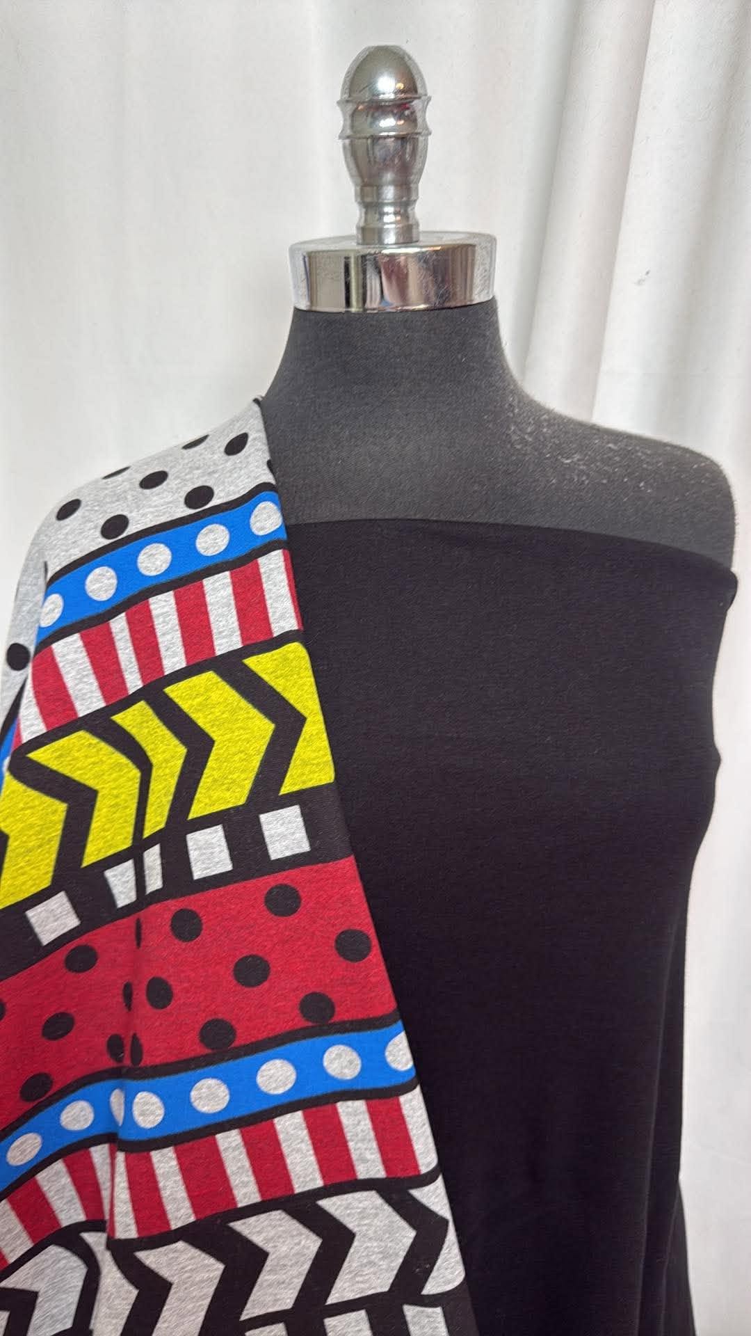 BLACK/GEO STRIPE BUNDLE : 1YD Black Combed Cotton 1x1 Rib & 2.5YD Geo Stripe Brushed Cotton FT: A30999