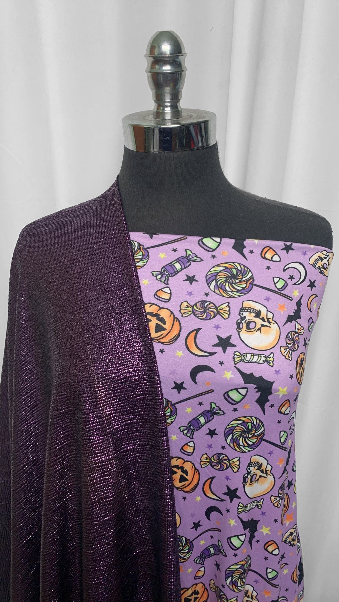 PURPLE FOIL/HALLOWEEN BUNDLE : 1YD Purple Halloween DBP & 1.5YD Purple Foil Poly Knit : A25555