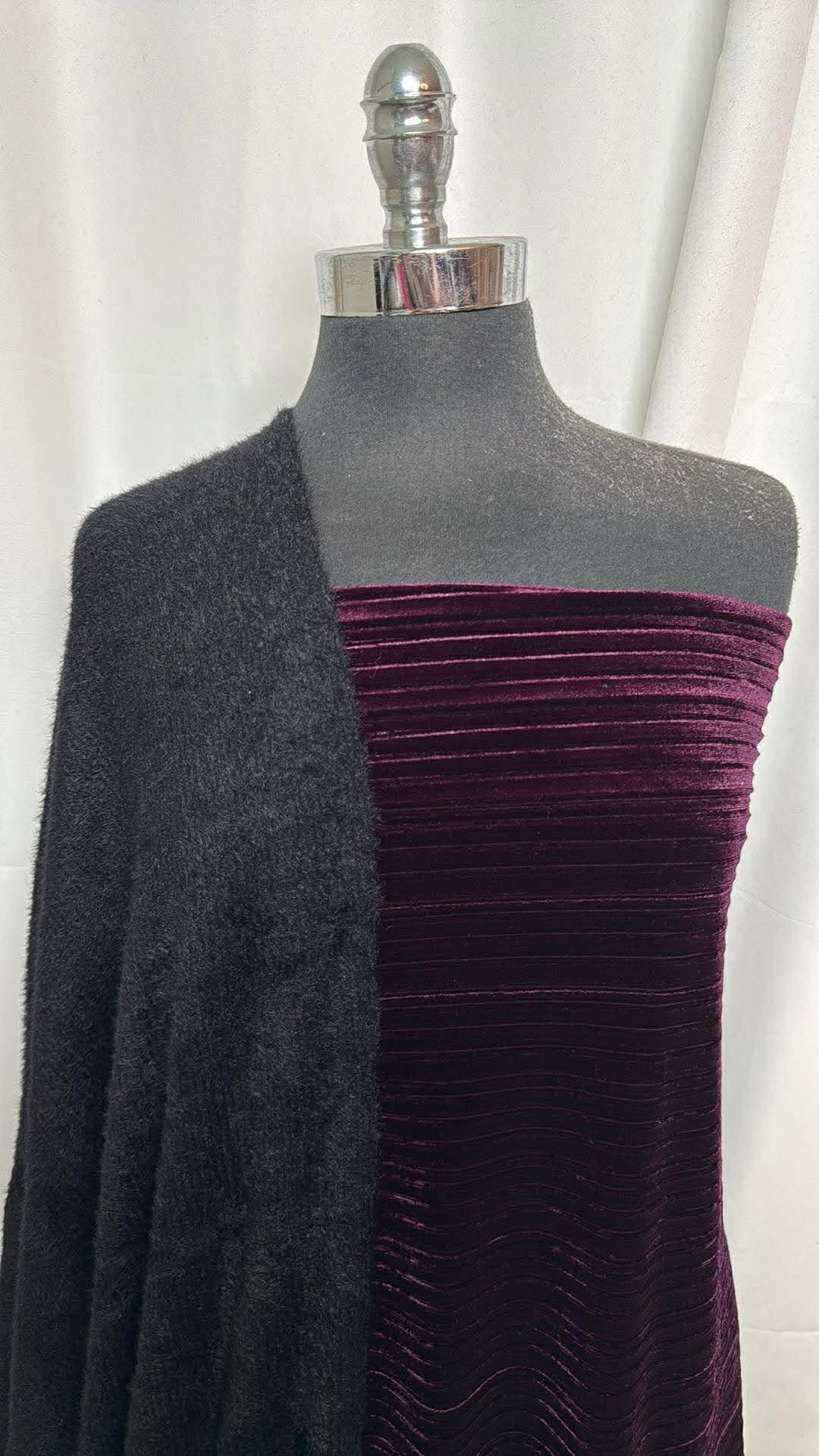 PURPLE PLEATED/"HAIRY" BUNDLE : 3YD Deep Purple Pleated Stretch Velvet & 3YD Black "Hairy" Rib Sweater : A30471