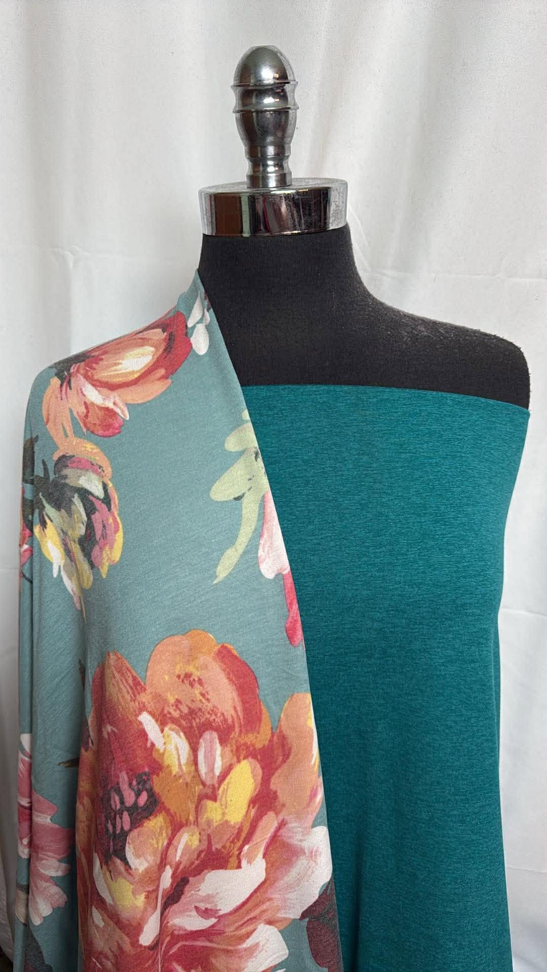 TEAL/FLORAL BUNDLE : 1+YD Heathered Teal Peached PF (Read Descr.) & 2YD Floral PRS FT : A29954