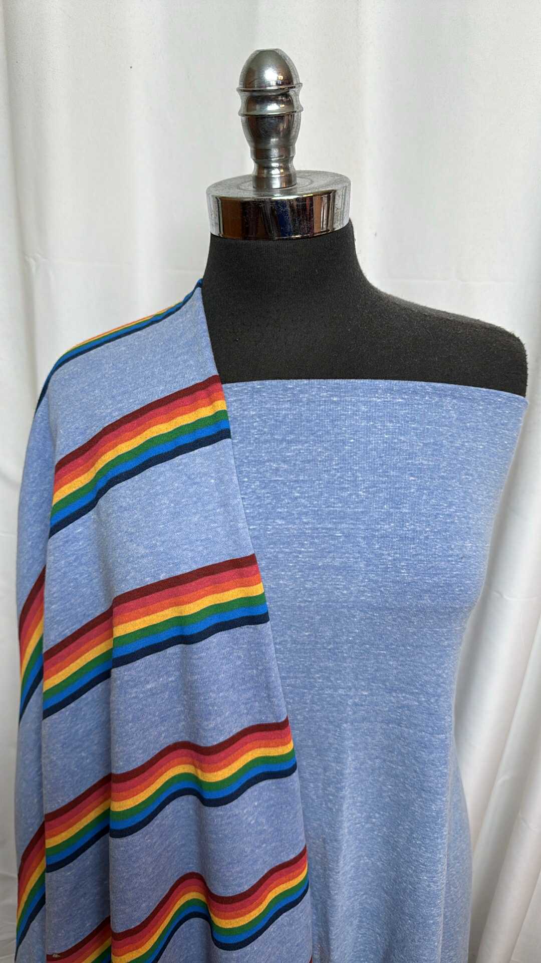 BLUE/RAINBOW STRIPE BUNDLE : 1YD Blue Cotton 1x1 Rib & 1.5YD Rainbow Stripe Sweatshirt Fleece : A28255