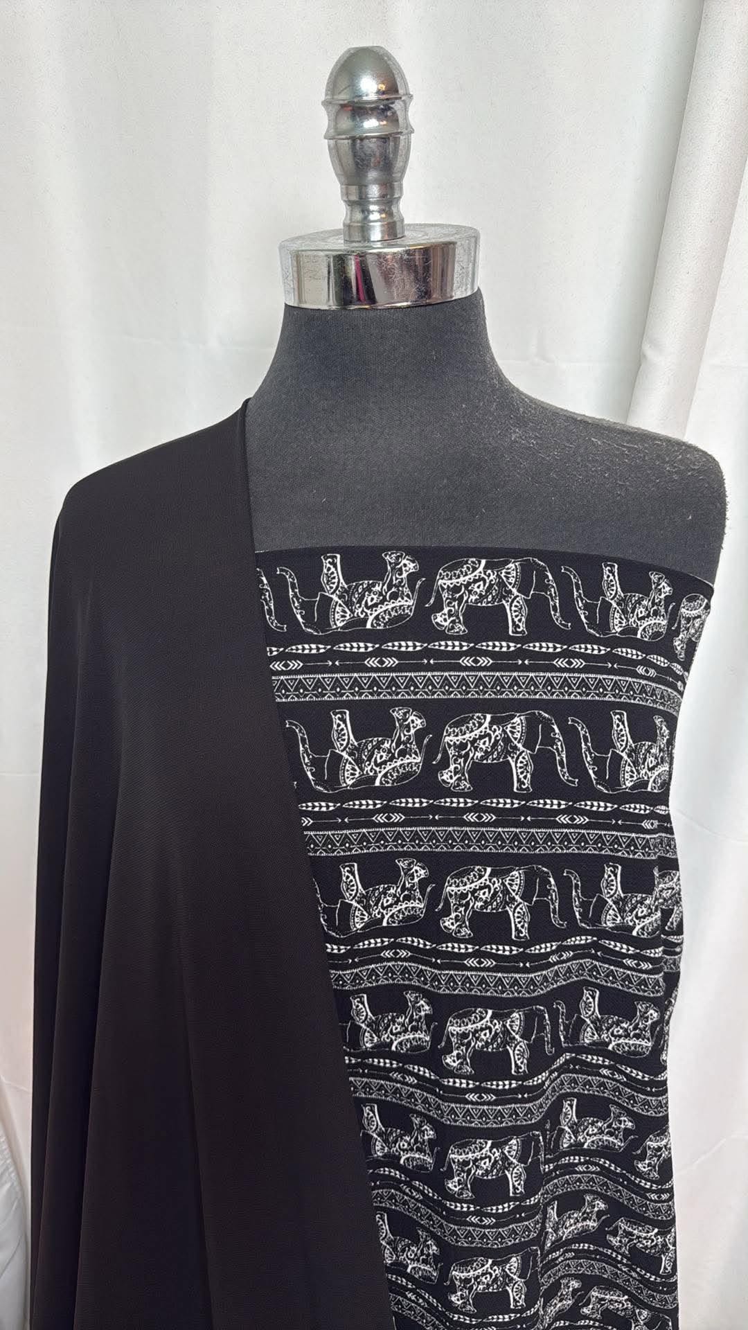 BLACK WOVEN/ELEPHANT STRIPE BUNDLE : 2YD Elephants Bubble Crepe & 2YD Black Stretch Woven : A30569