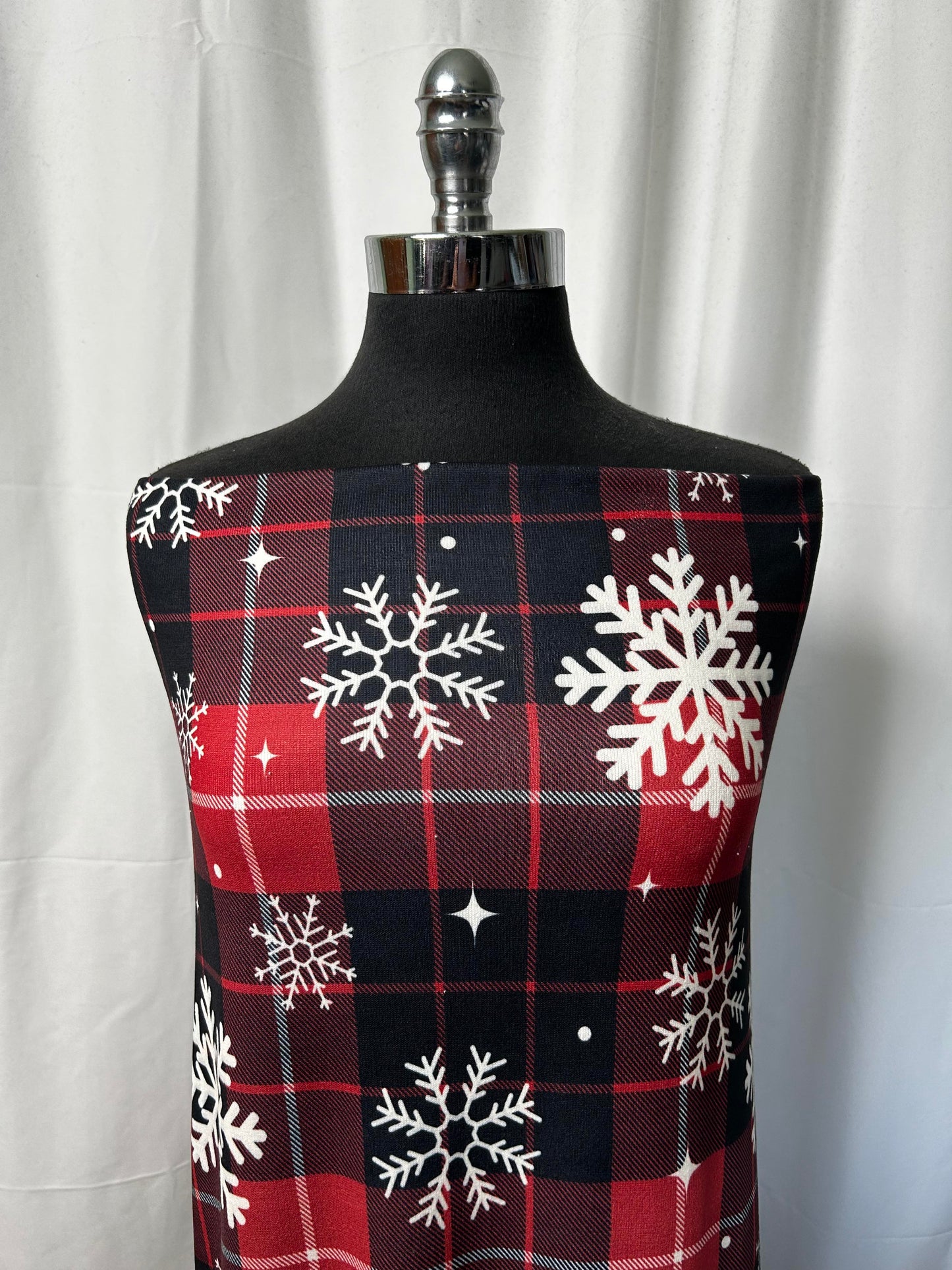 Snowflakes on Plaid - Double Brushed Polyester - By the Yard