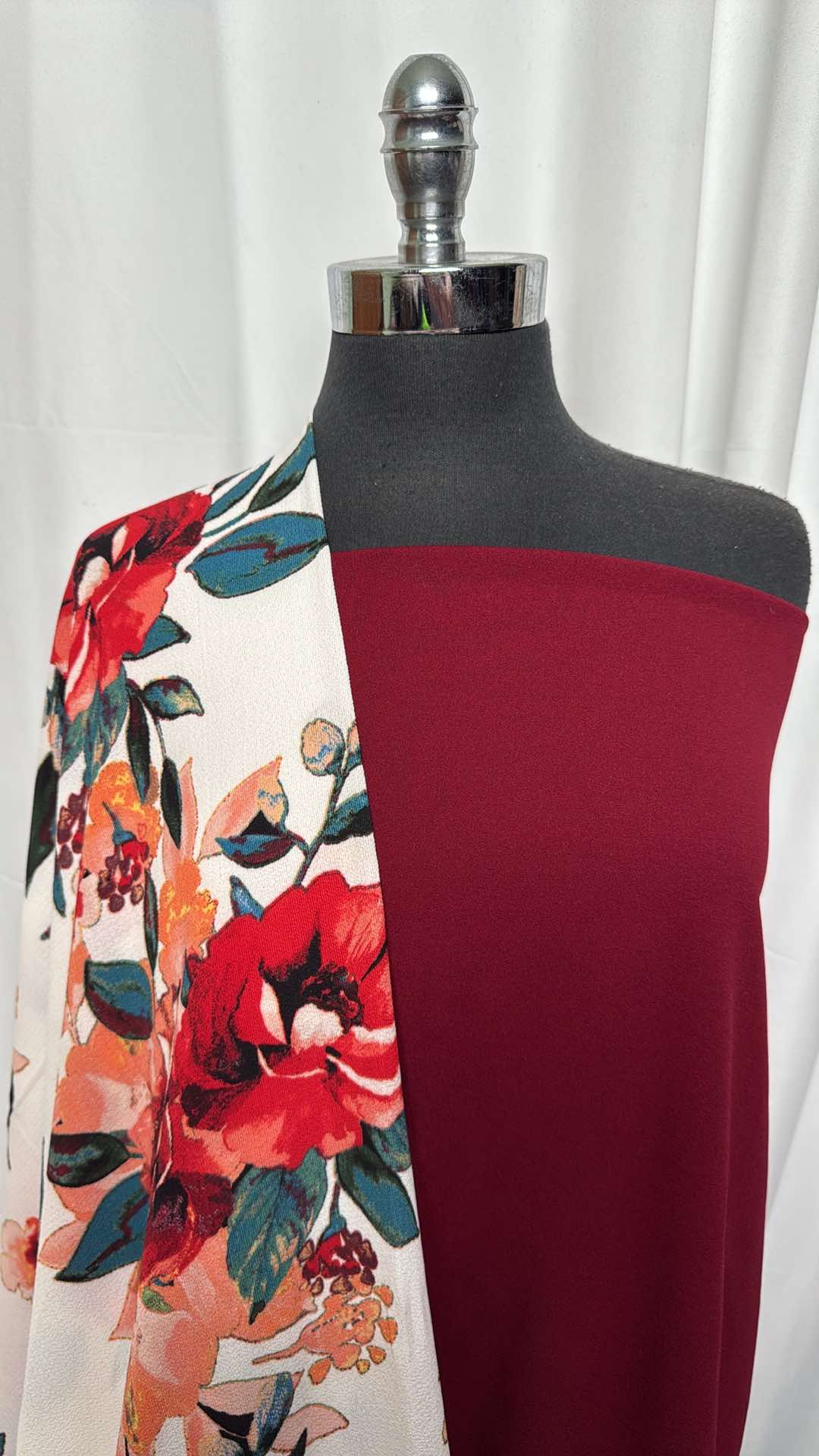 DEEP RED/FLORAL BUNDLE : 2YD Floral Bubble Crepe & 2YD Deep Red Crepe Scuba : A27151