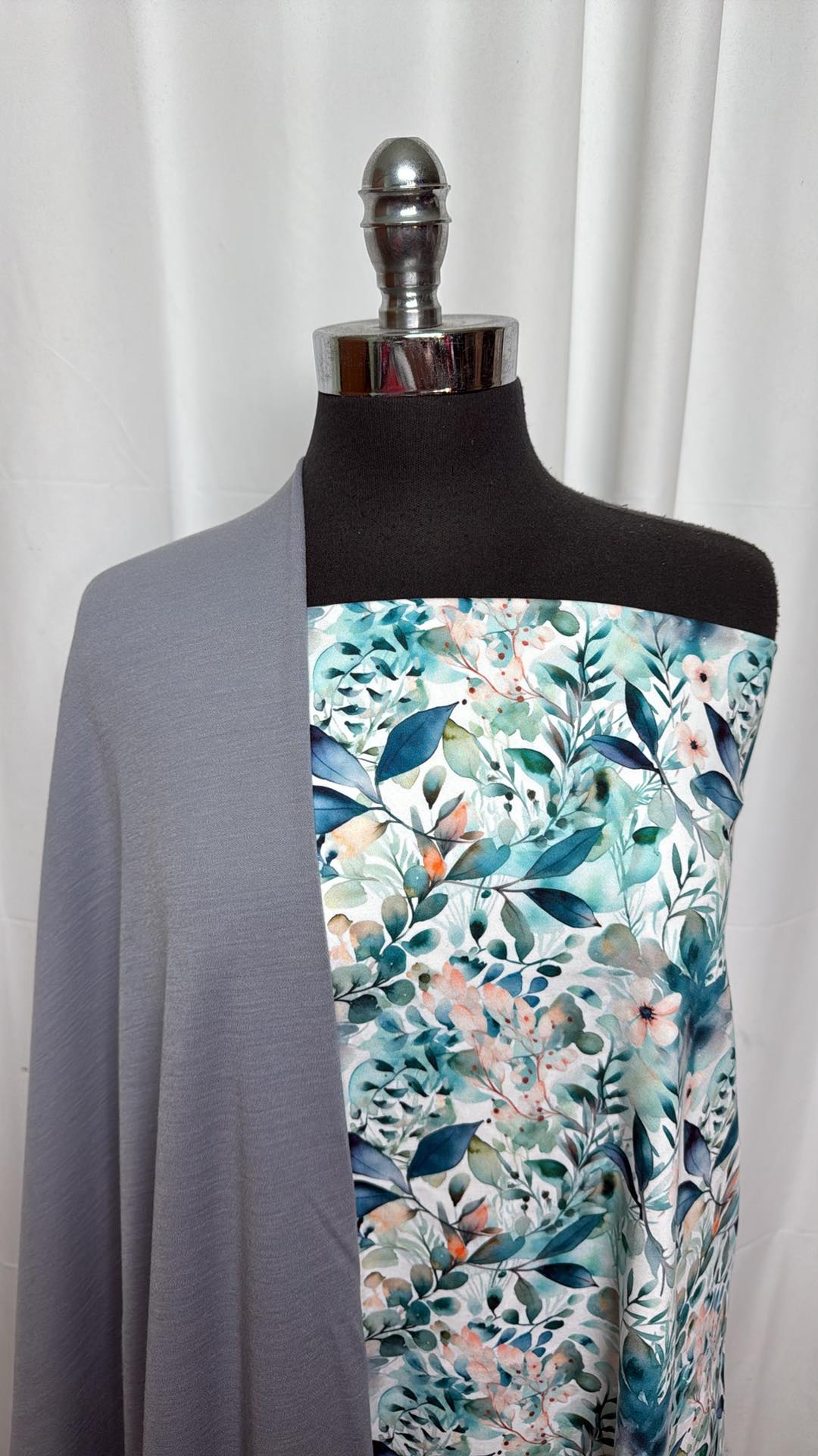 SILVER/BLUE-GREEN FLORAL BUNDLE : 30" Cut of Blue/Green Floral Peached PF & 1YD Silver 100% Merino Wool Interlock : A27067