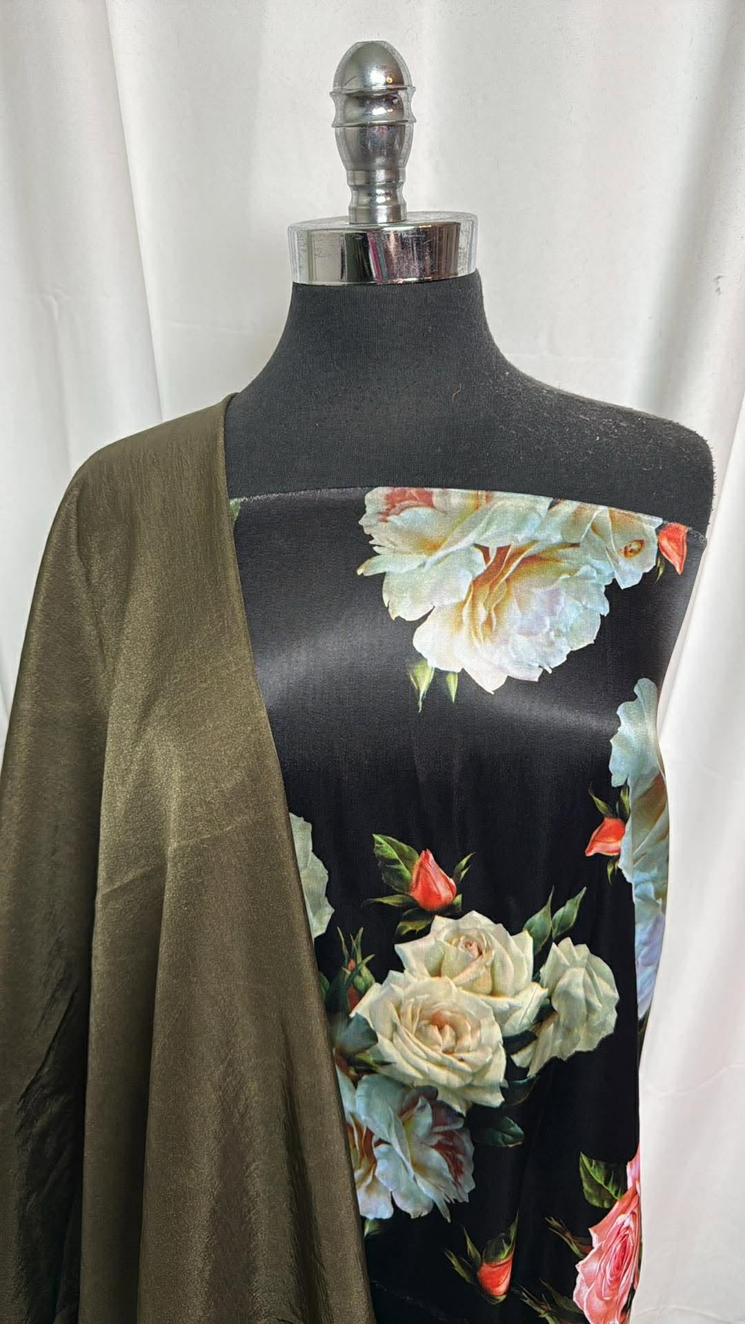 OLIVE/FLORAL SATIN BUNDLE : 2YD Floral P/R Satin & 1.5YD Olive Water-Resistant Woven : A30272