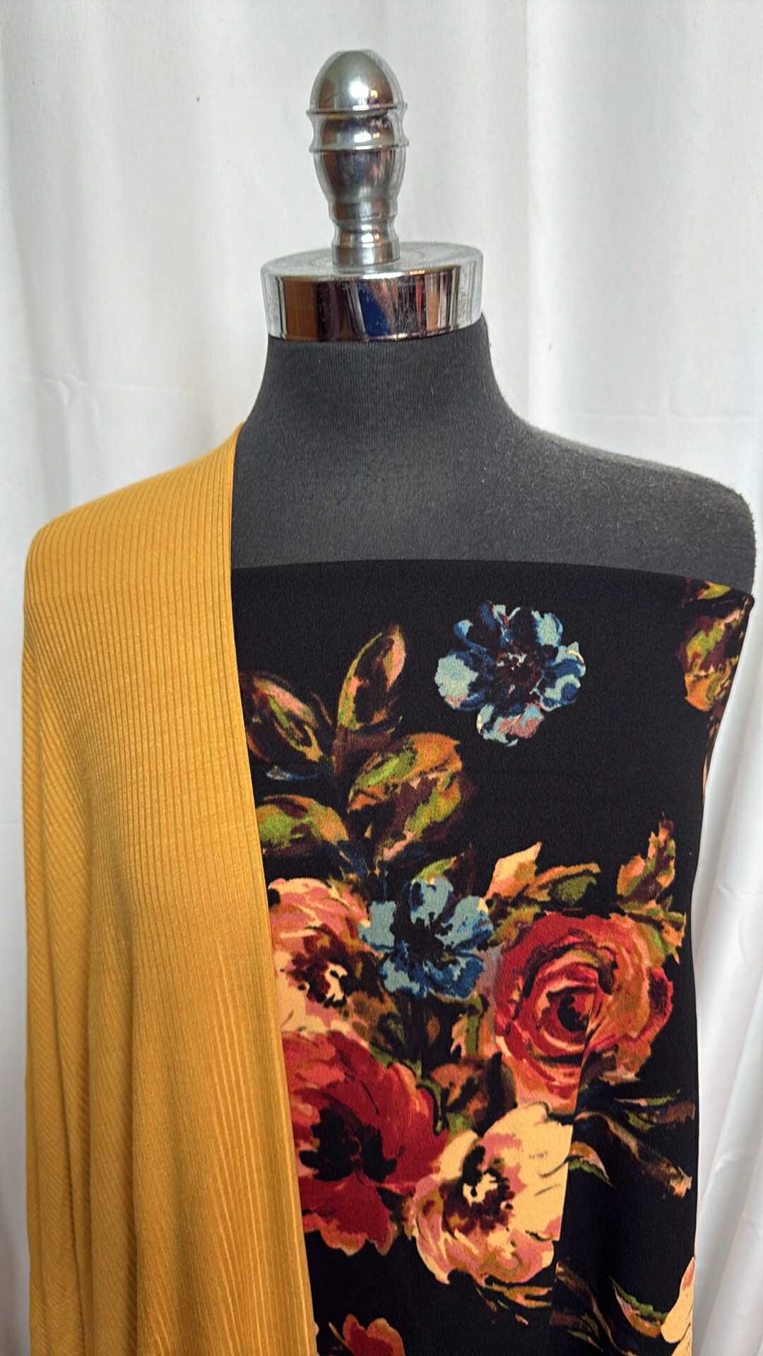 MUSTARD/BLACK FLORAL BUNDLE : 2YD Mustard R/S Rib & 1YD Black Floral Crepe Scuba : A28263