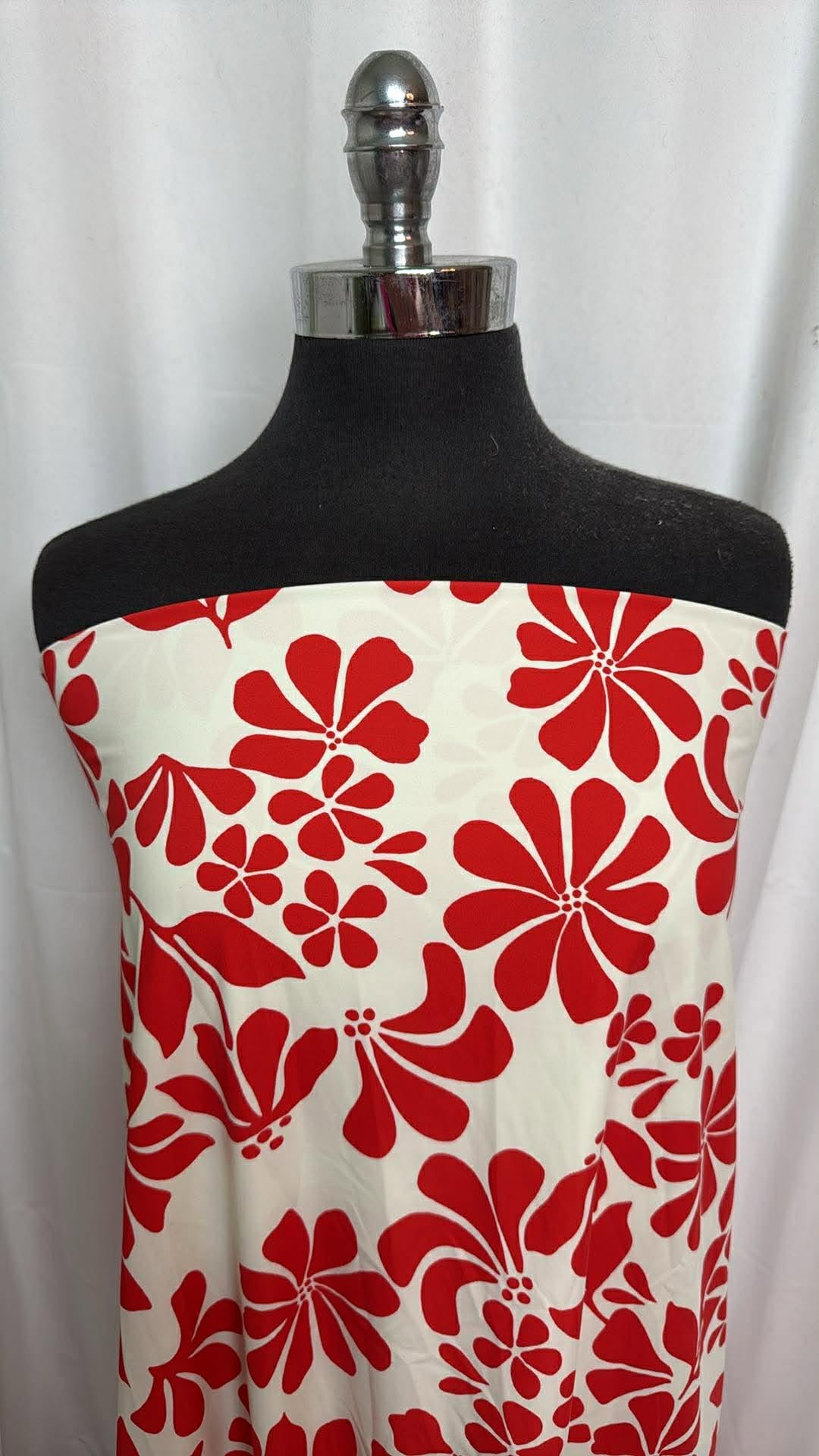Red/Ivory Retro Floral - Designer Nylon/Spandex Swim - 2 Yard Cut