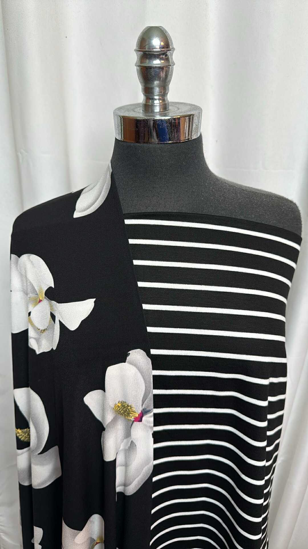 BLACK/WHITE STRIPE/FLORAL BUNDLE : 2YD Black/White Stripe Ponte & 1YD Black/White Floral ITY : A28264