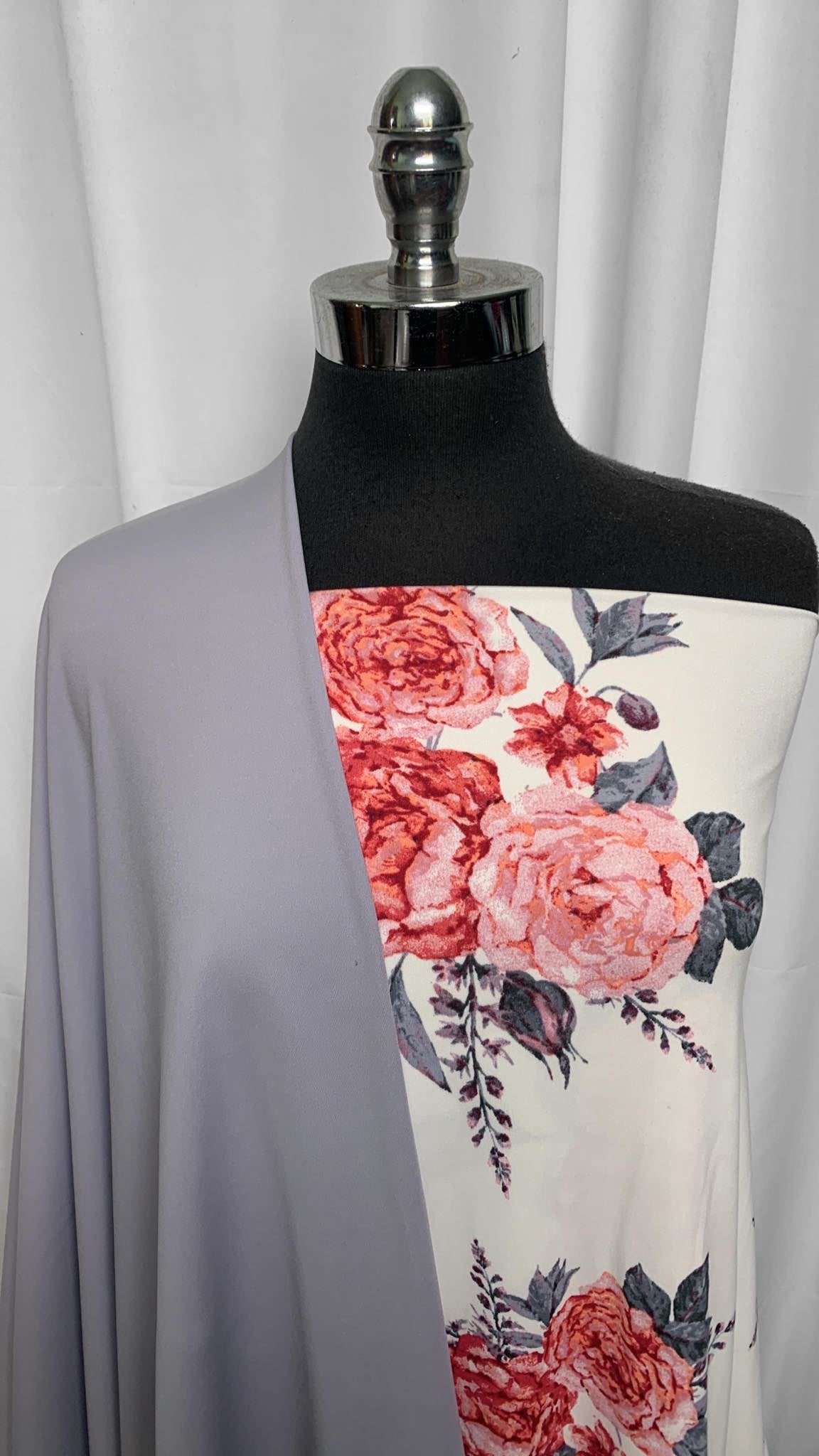 SILVER/IVORY FLORAL BUNDLE : 1YD Silver Wicking Nylon/Spandex Interlock (4-Way Stretch) & 2YD Ivory Floral DBP : A25544