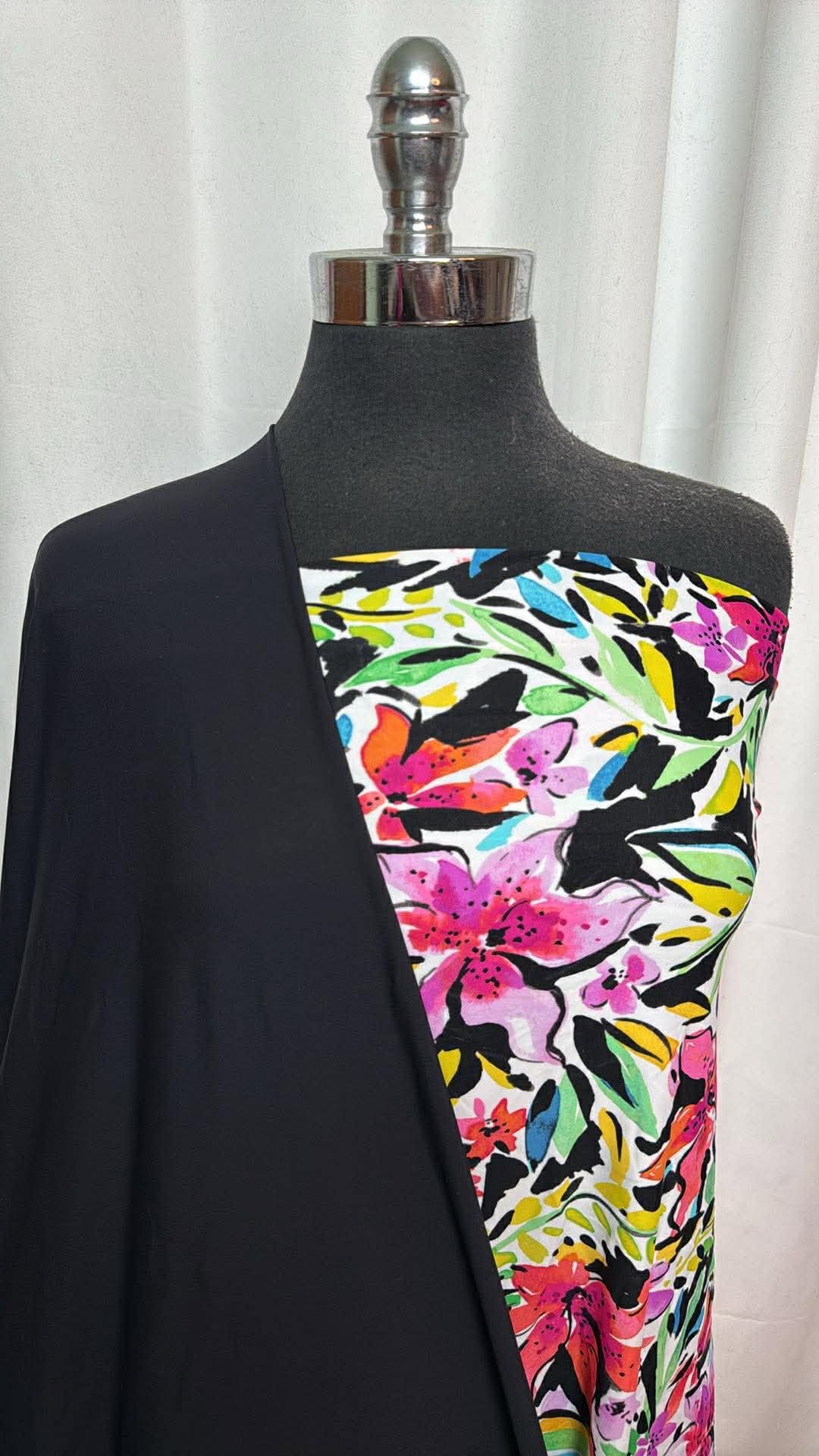 BLACK/MULTI FLORAL BUNDLE : 1YD Multi Floral N/S Swim & 2YD Black N/S Swim Lining : A30082