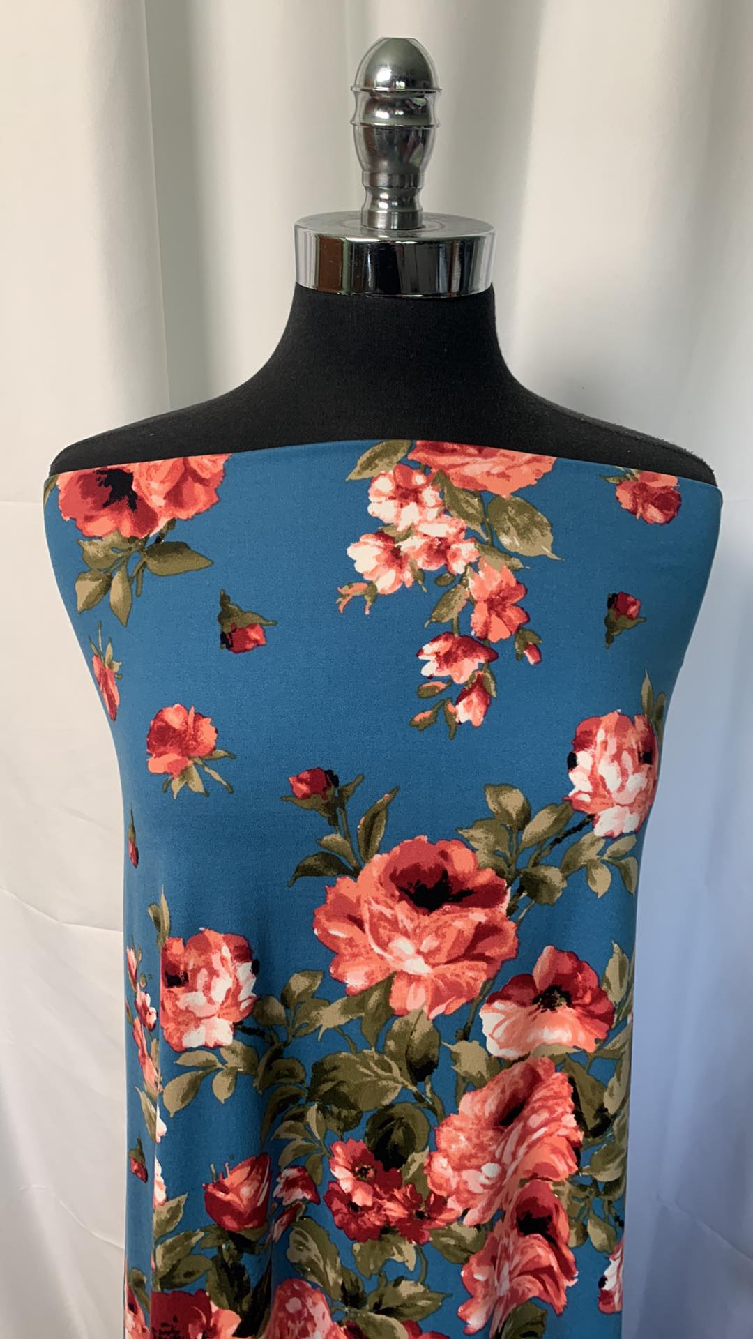 Denim/Blush Floral - Double Brushed Poly Spandex - By the Yard