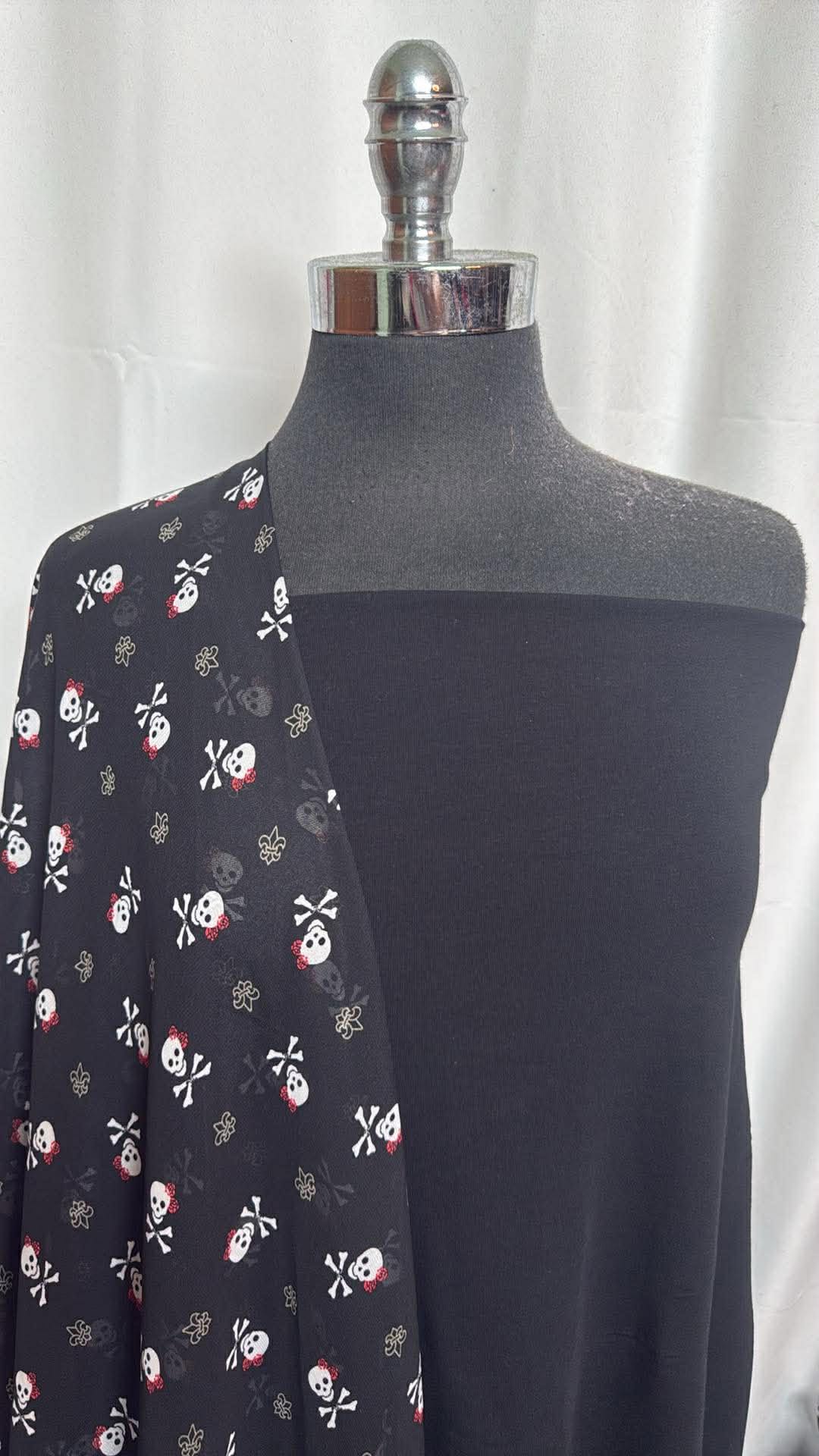 BLACK/LITTLE SKULLS BUNDLE : 2YD Black Cotton/Modal/Spandex & 2YD Little Skulls Chiffon : A30009